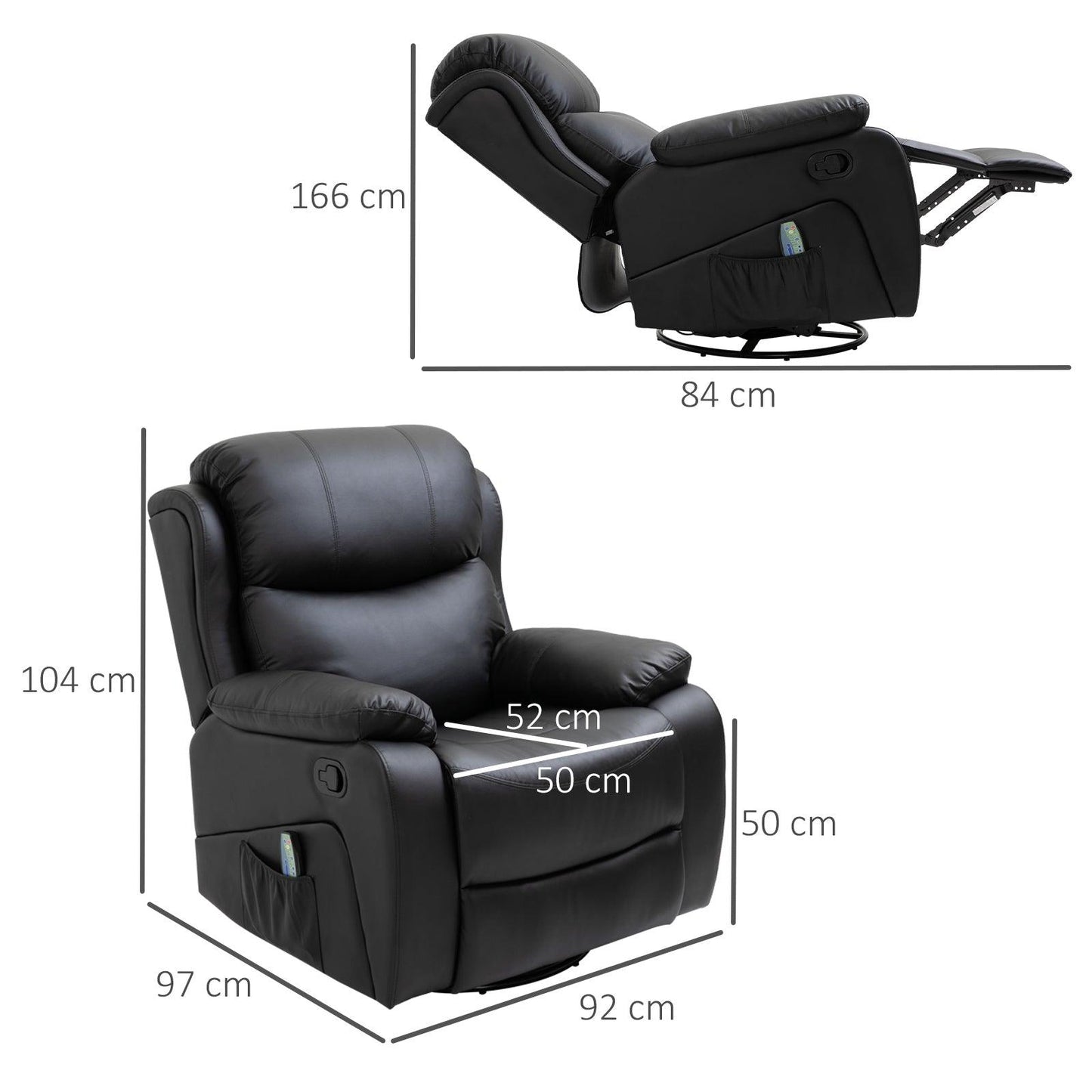 HOMCOM Massage Recliner Chair Manual Reclining Chair with Footrest Remote Black - ALL4U RETAILER LTD