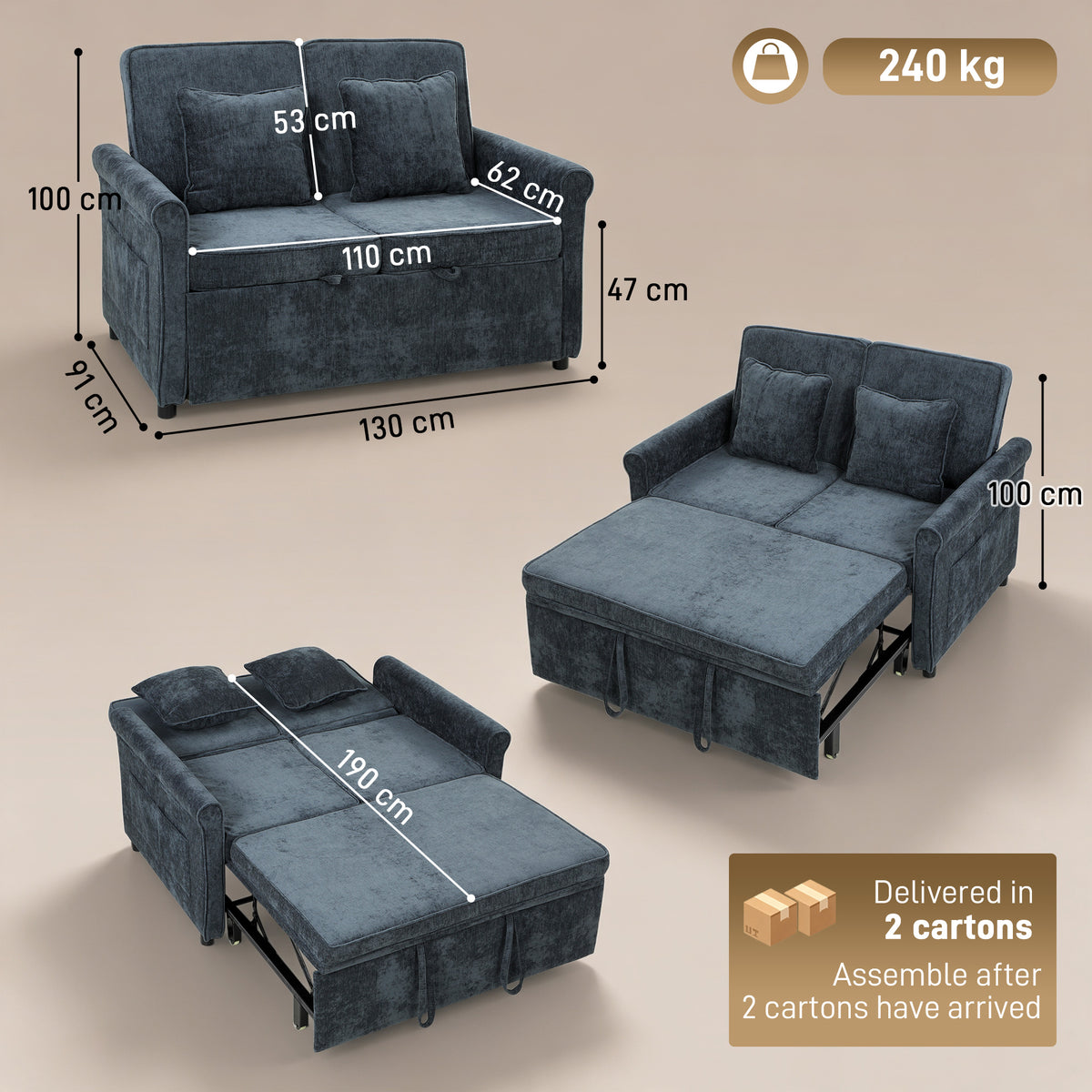 Dark blue pull-out sofa bed with chaise-style sleeper section, shown with measurements