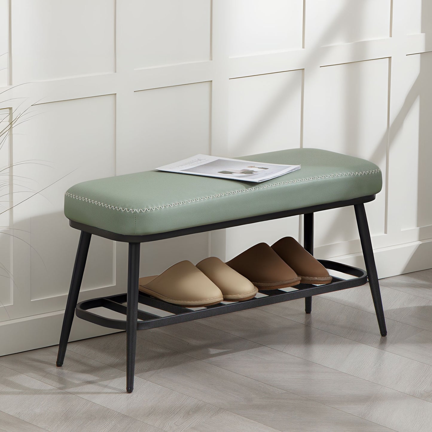 HOMCOM PU Leather Shoe Storage Bench Green With Plush 7cm Cushion And 120 Kg Capacity For Entryway Organization