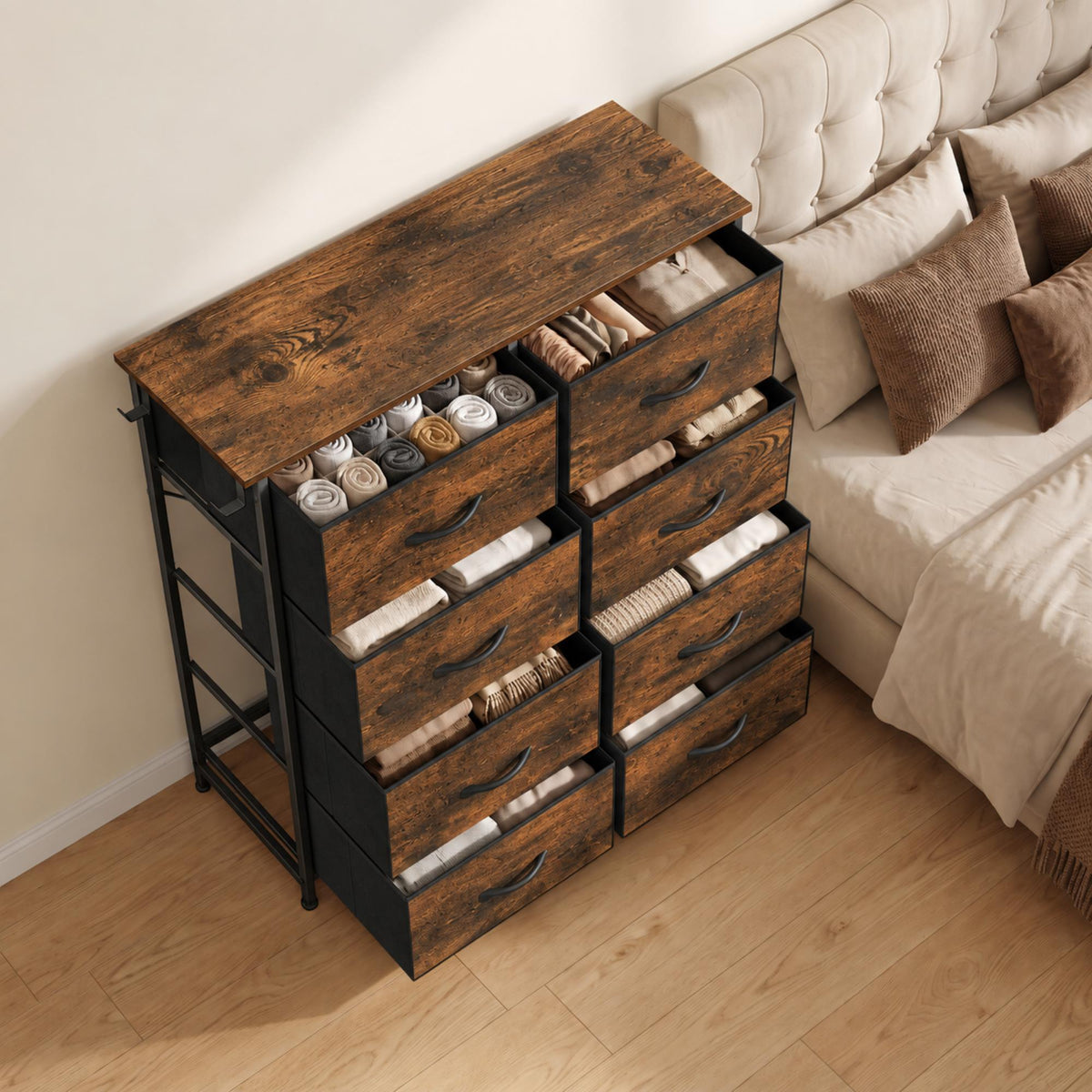 HOMCOM Rustic Brown Chest of Drawers with 8 Fabric Drawers and Side Bag