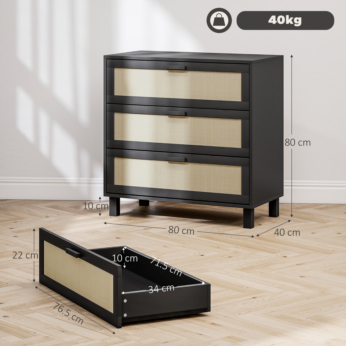 HOMCOM Rattan Bedroom Chest Of Drawers 3 Drawers Storage Unit Boho Dresser For Living Room Hallway Black