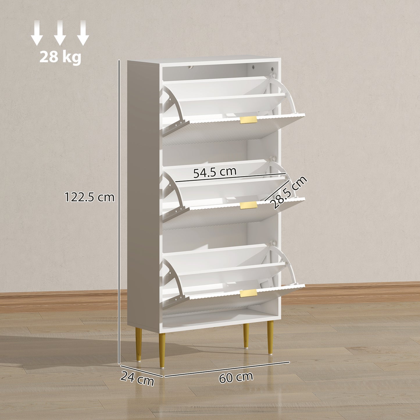 HOMCOM Elegant Three Drawer White Shoe Cabinet With Ridged Doors And Gold Accents