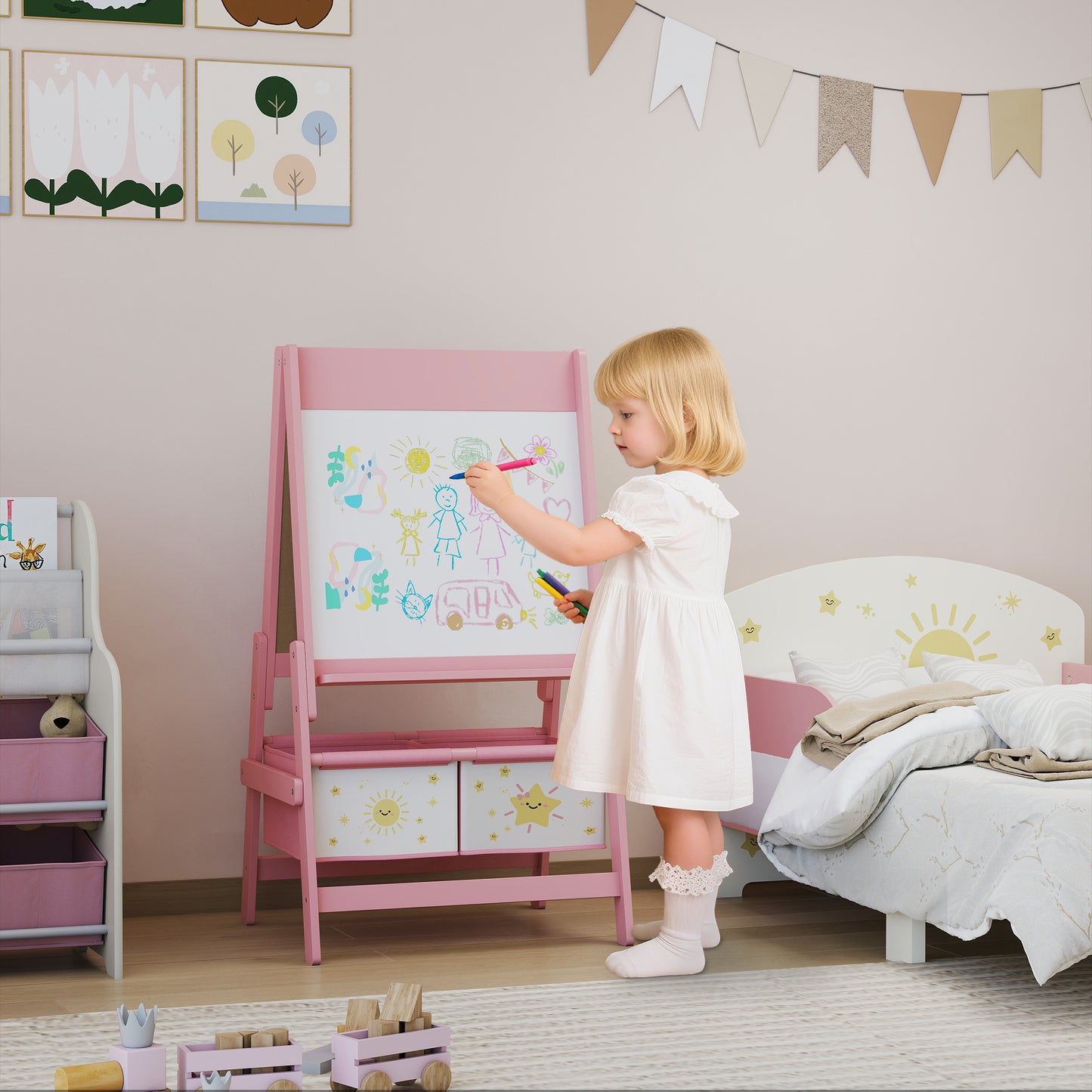 AIYAPLAY Art Easel For Kids Double Sided Whiteboard And Blackboard With Paper Roll For Ages 3 To 8 Years Pink