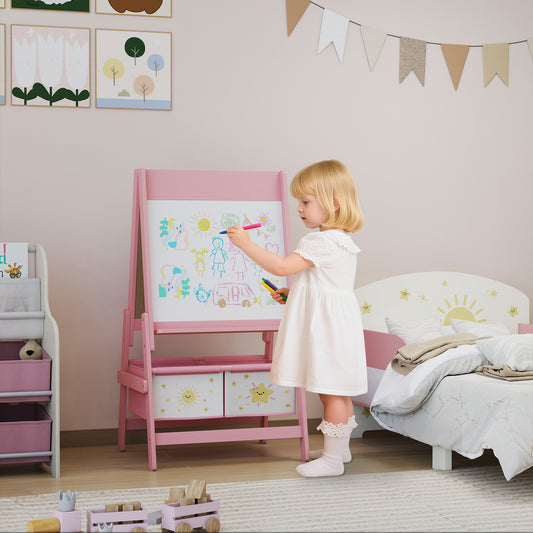 AIYAPLAY Art Easel For Kids Double Sided Whiteboard And Blackboard With Paper Roll For Ages 3 To 8 Years Pink