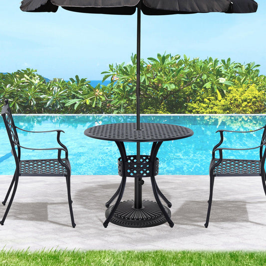 Outsunny 85cm Round Garden Table with Umbrella Hole, Aluminium Grid Motif Outdoor Dining Table for Garden Patio, Black - ALL4U RETAILER LTD