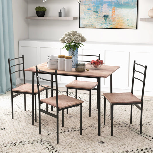 Dining table with four armless chairs, brown wood-look top and black steel frames