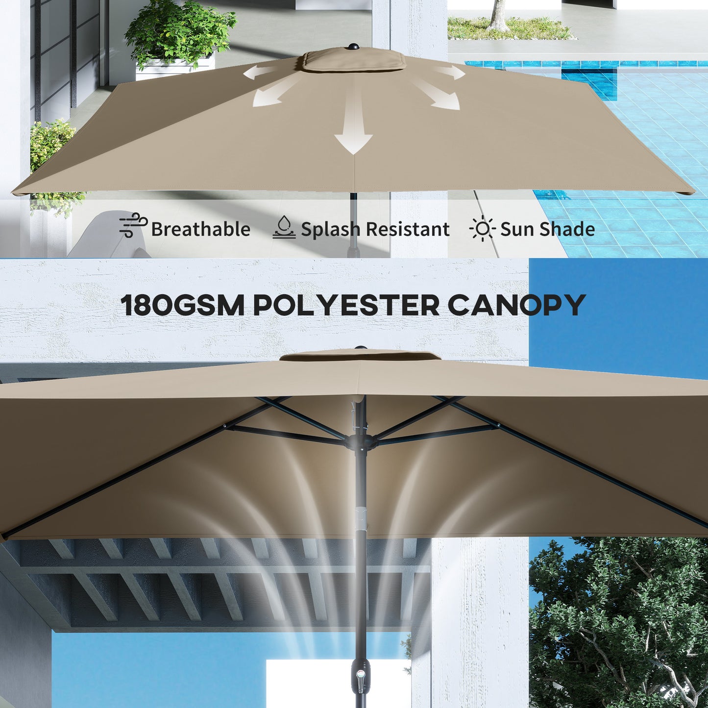 Outsunny Garden Parasol Umbrella With Crank Handle And Tilt Function 180g Polyester Canopy Fade Resistant Khaki
