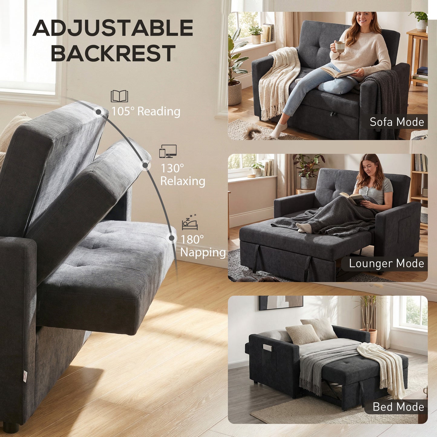 HOMCOM Loveseat Sofa Bed Convertible Settee With 2 Pillows And Side Pockets Black