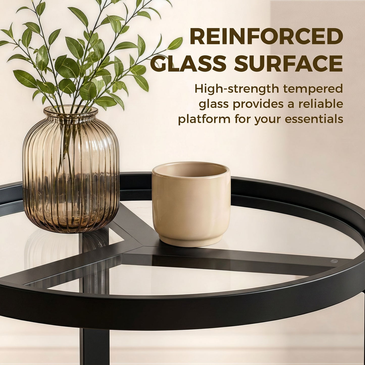 HOMCOM Round Side Table With Tempered Glass Top And Geometric Metal Frame For Small Spaces Black