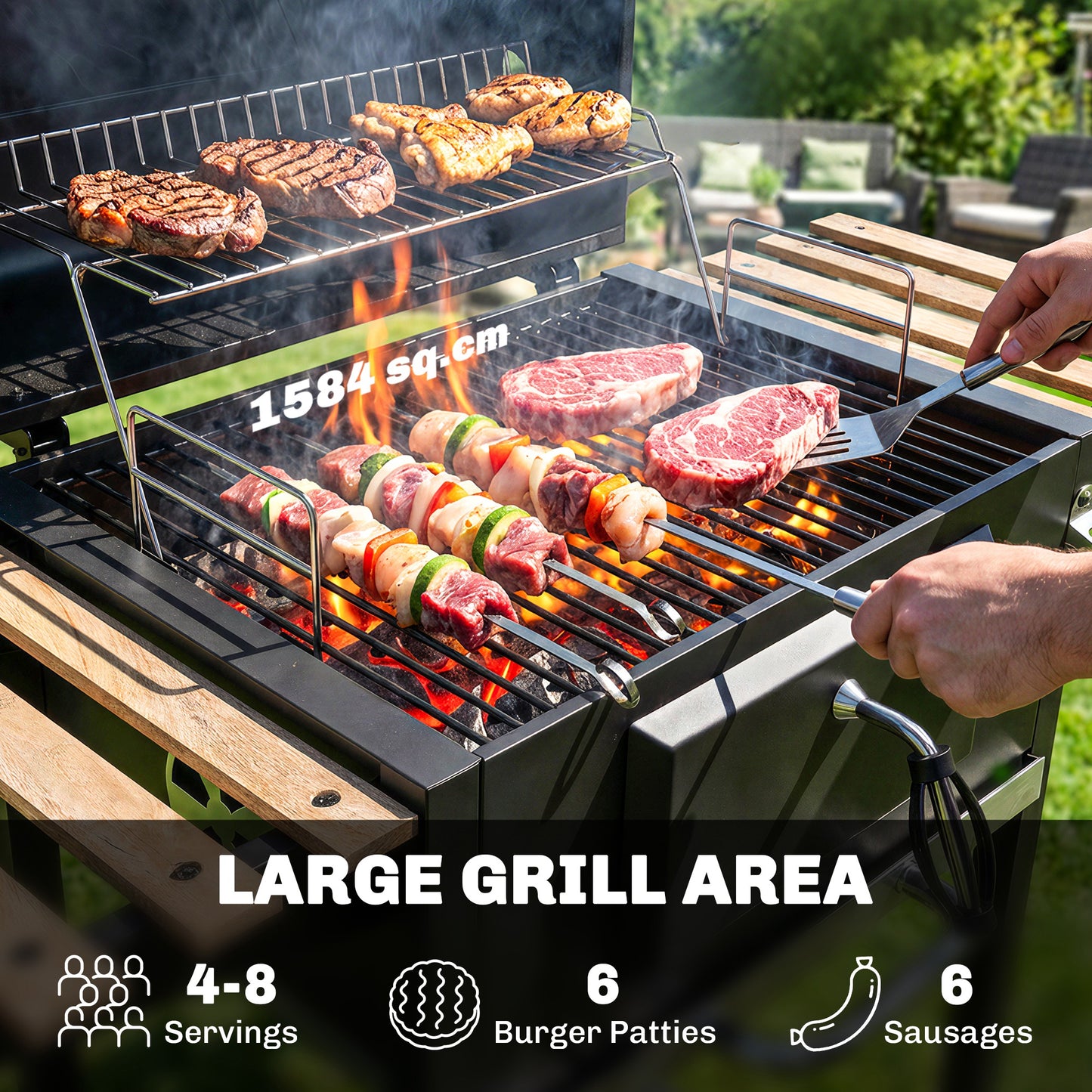 Outsunny Charcoal BBQ Grill With Height Adjustable Charcoal Pan And Warming Rack 3 Shelves Temp Gauge And Wheels
