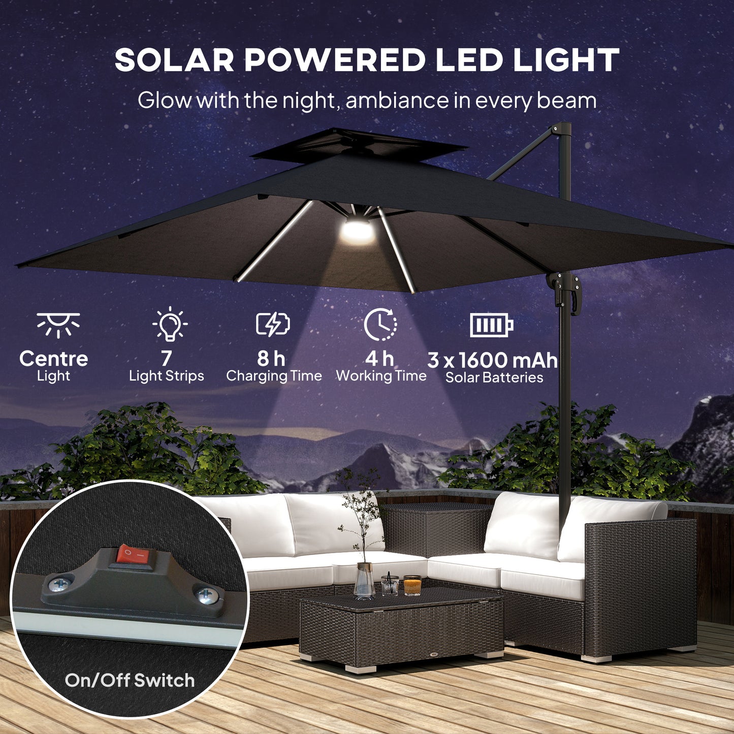 Outsunny 2.5m Cantilever Parasol With Solar LED Lights 360 Degree Rotation Tilt Adjustment Crank Handle Dark Grey