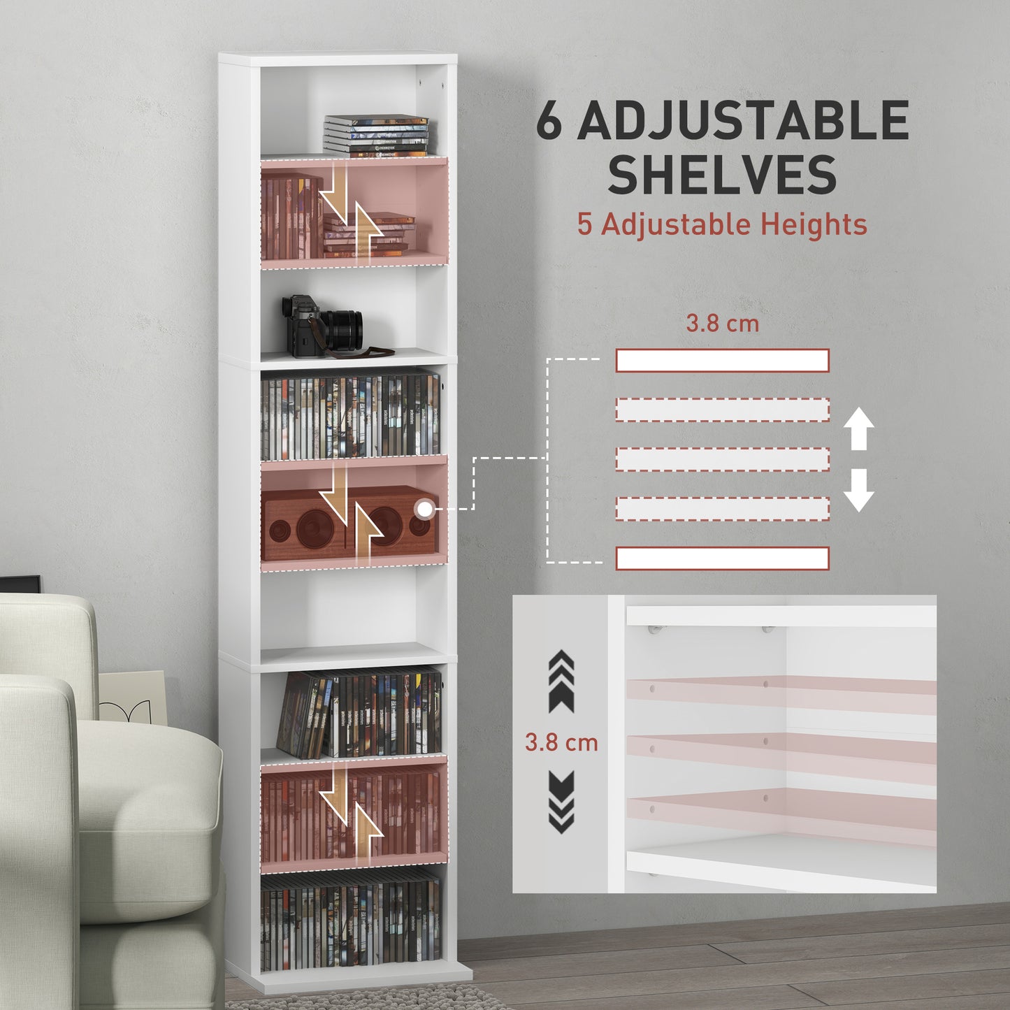 HOMCOM 260 CD Storage Unit Narrow White With Six Adjustable Shelves Ideal for CDs DVDs and Media Organization