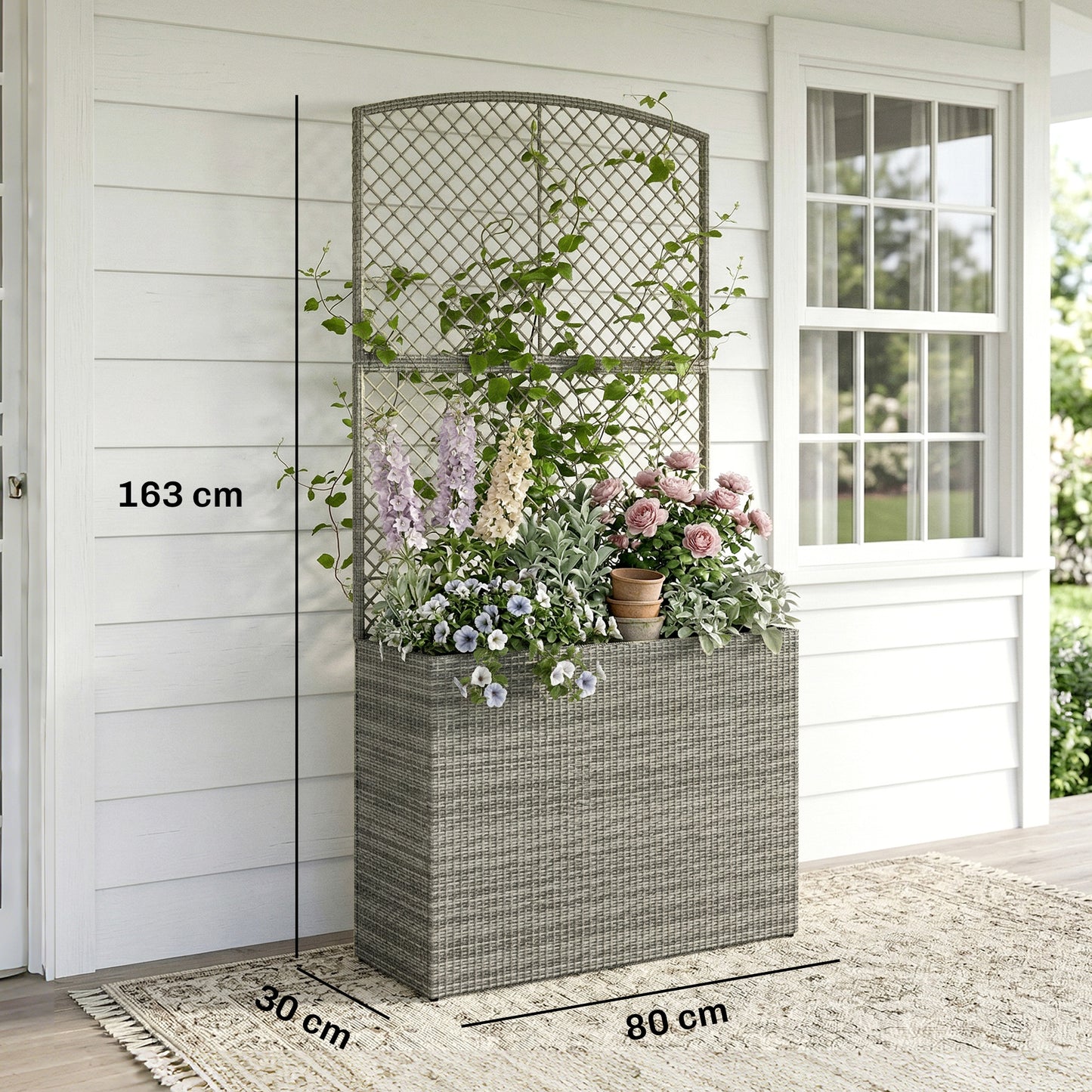 Outsunny Rattan Planter With Trellis Raised Bed Garden Planter Liner For Climbing Plants Vegetables Flowers Dark Grey