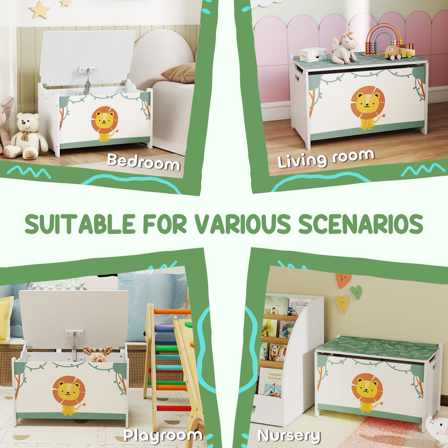AIYAPLAY Toy Box With Lid And Safety Hinges Groove Handles Kids Toy Storage Organizer For Living Room Playroom Green