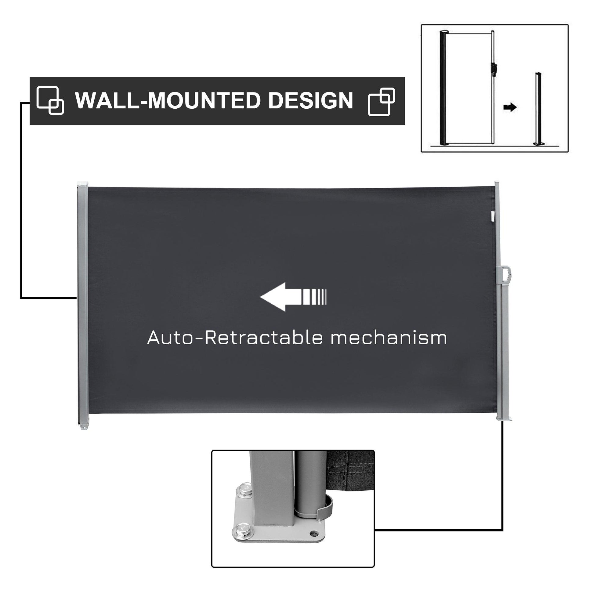 Outsunny 3x1.8M Retractable Side Awning Screen Fence Patio Privacy Divider Grey - ALL4U RETAILER LTD