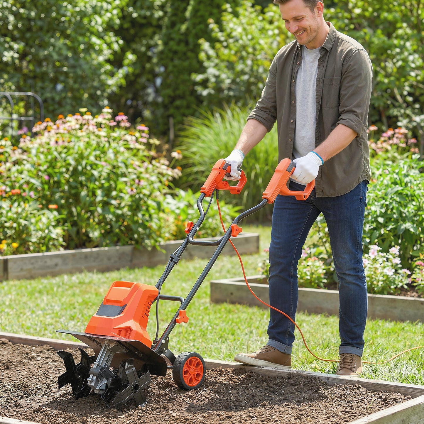 Outsunny 1500W Electric Garden Tiller With Foldable Handle 40cm Width 20cm Tilling Depth 6 Blades 2 Adjustable Wheels