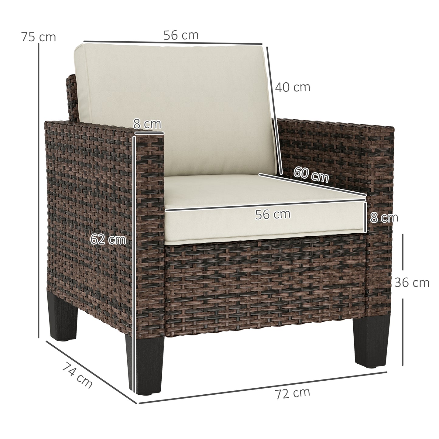 Outsunny Single Rattan Armchair With Cushions Brown Outdoor Garden Lounge Chair Removable Washable Cushion Covers