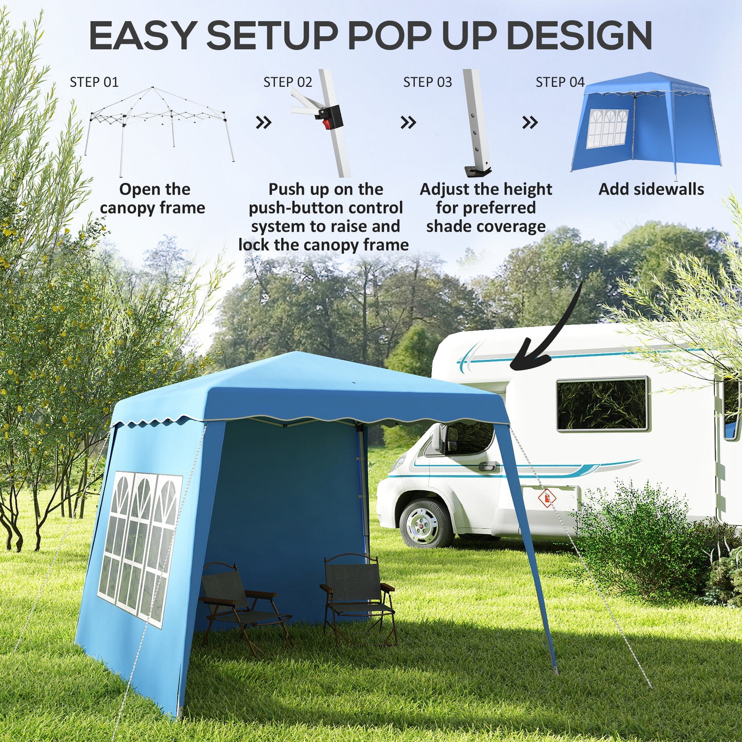 Outsunny 2.4x2.4m Blue Two Wall Pop Up Gazebo With Adjustable Height 242cm 246cm 250cm