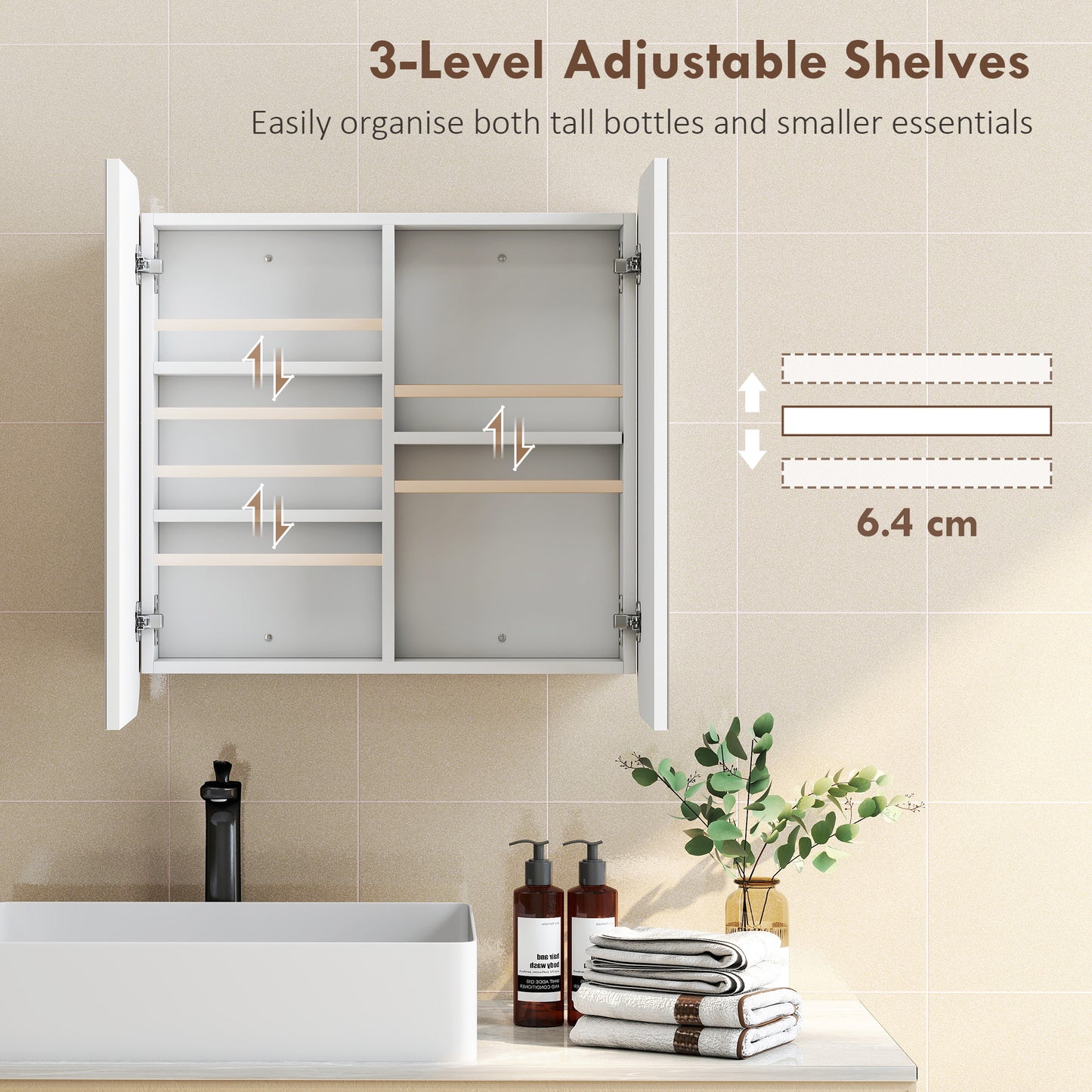 HOMCOM Arched Bathroom Mirror Cabinet With Adjustable Shelves White Wall Mounted