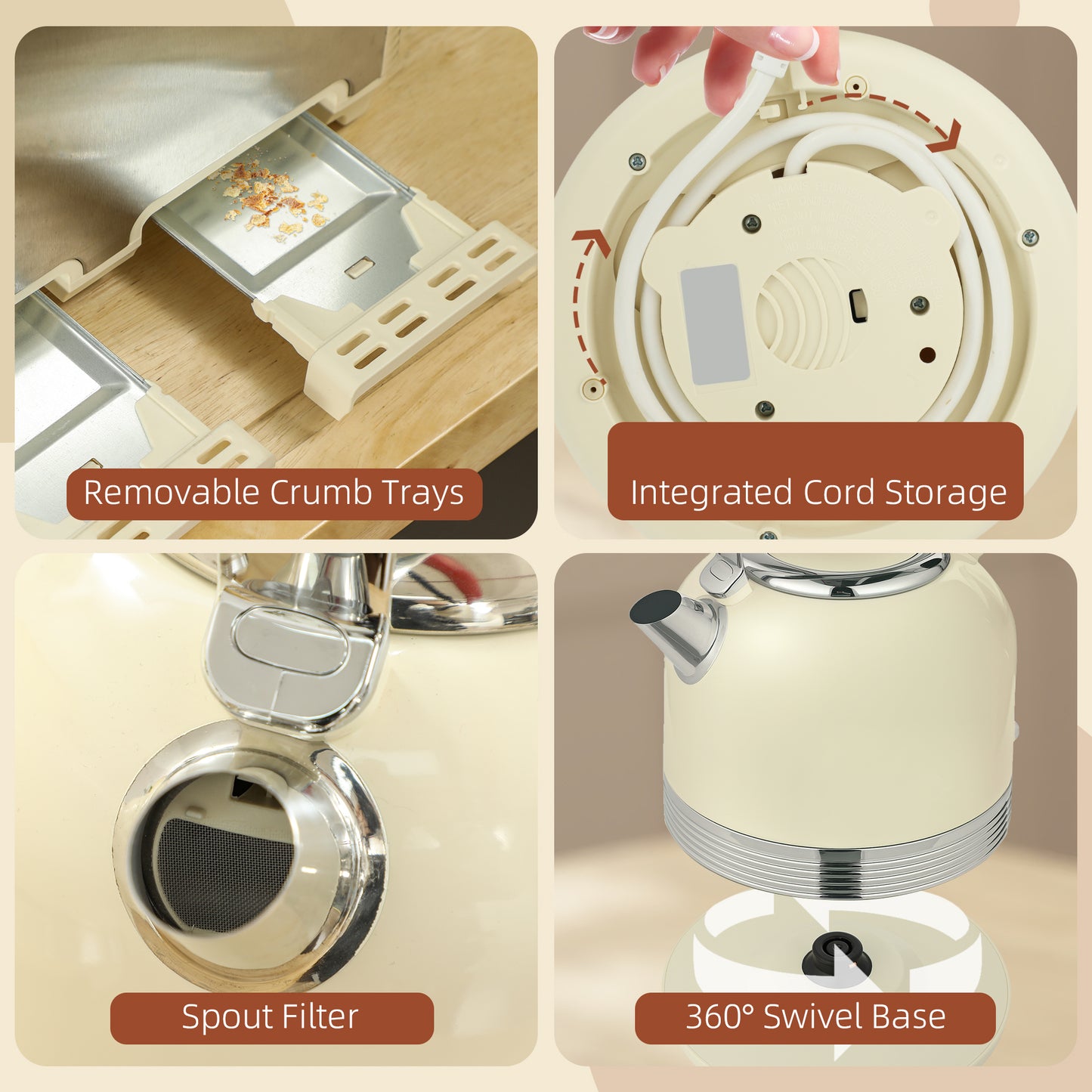 HOMCOM Cream Polished Stainless Steel Kettle and Toaster Set With Fast Boil 3000 Watt Kettle and Four Slice Toaster
