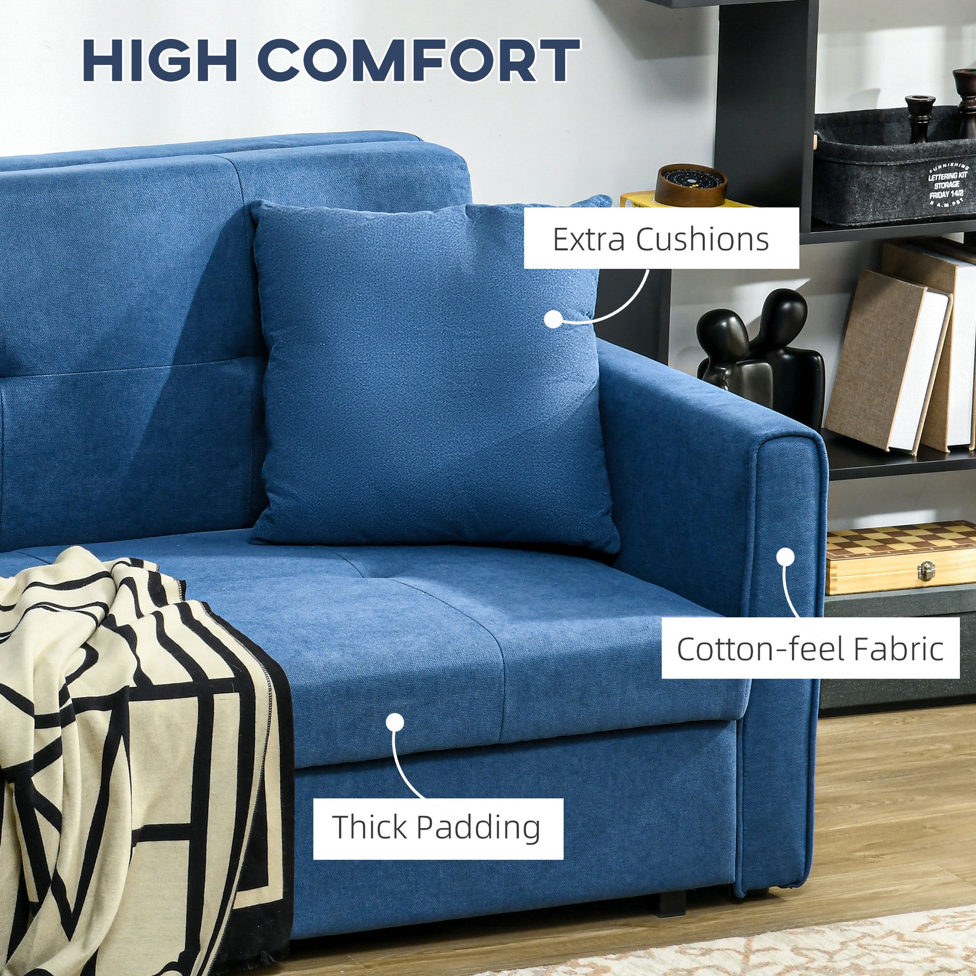 HOMCOM 2 Seater Sofa Bed Convertible Bed Settee Modern Fabric Loveseat Couch with Cushions Hidden Storage Guest Room Dark Blue - ALL4U RETAILER LTD