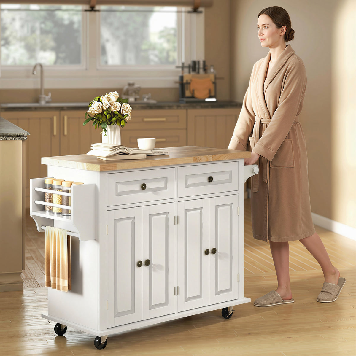 Homcom Rolling Kitchen Island Rubberwood Top Drawers Cream White Shelves