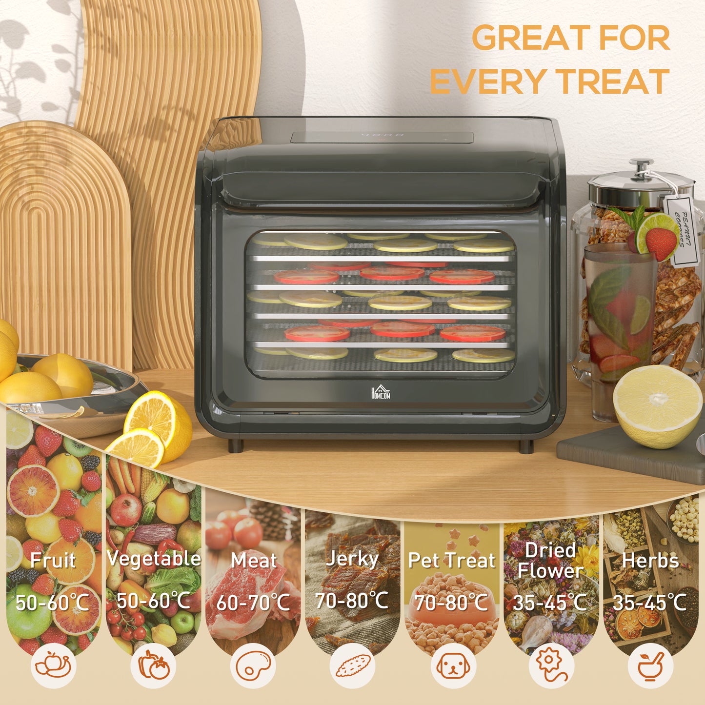 HOMCOM Six Tray Food Dehydrator With Adjustable Temperature 35 To 70 Celsius Black