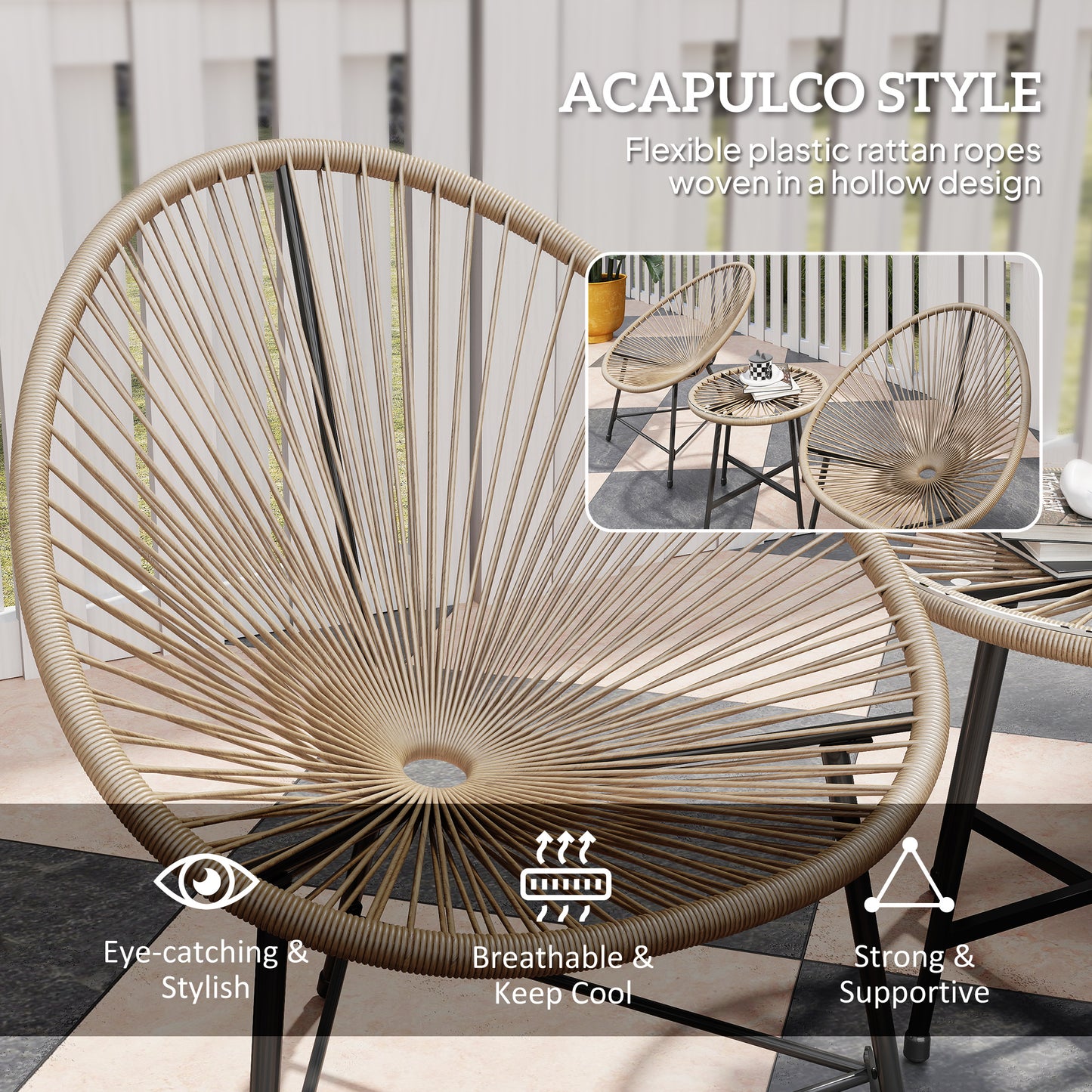 Outsunny Three Piece Rattan Bistro Set With Acapulco Chairs And Glass Top Table For Outdoor Patio Balcony Natural