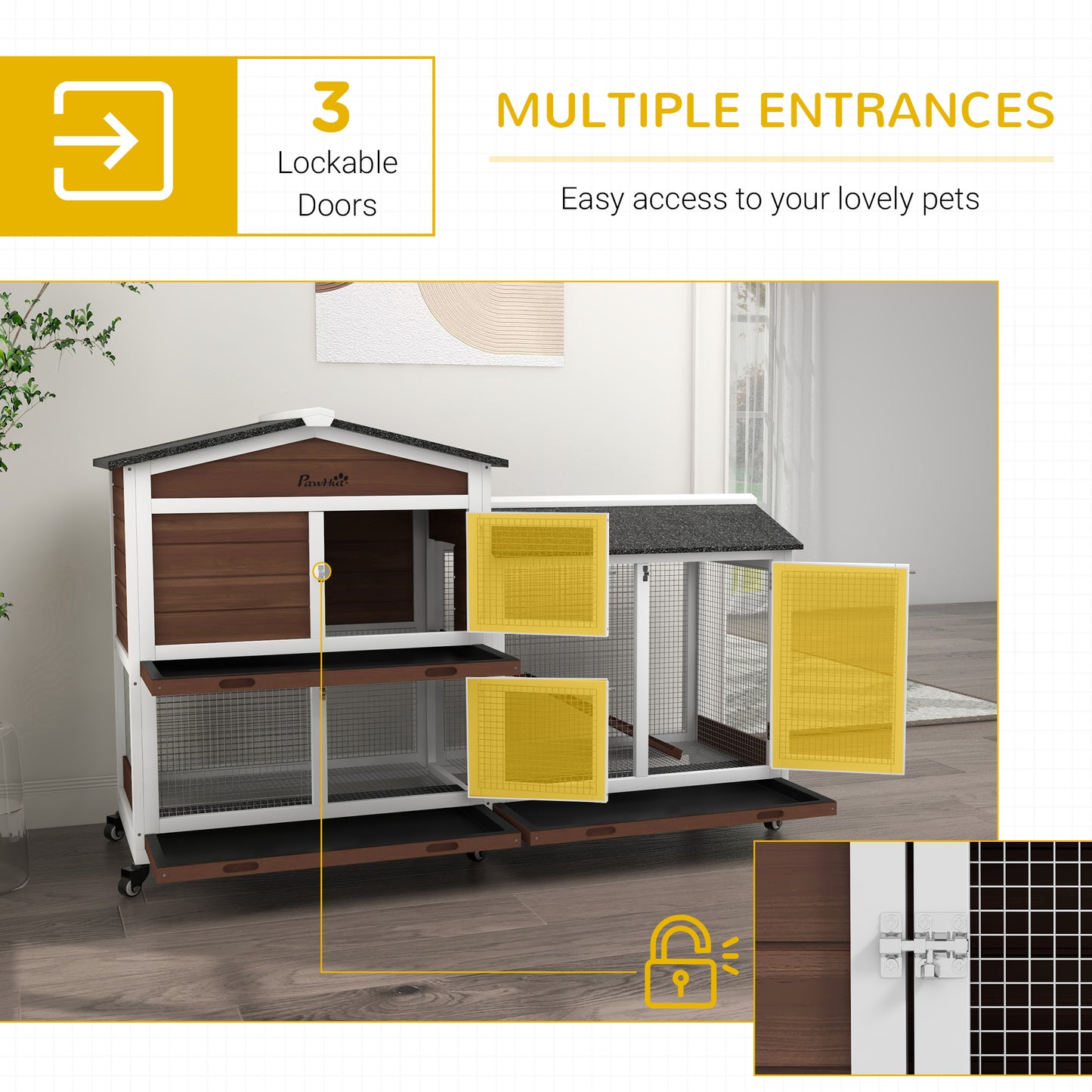 PawHut Two-Tier Wooden Rabbit Hutch with Wheels and Run, Durable Brown Design - ALL4U RETAILER LTD