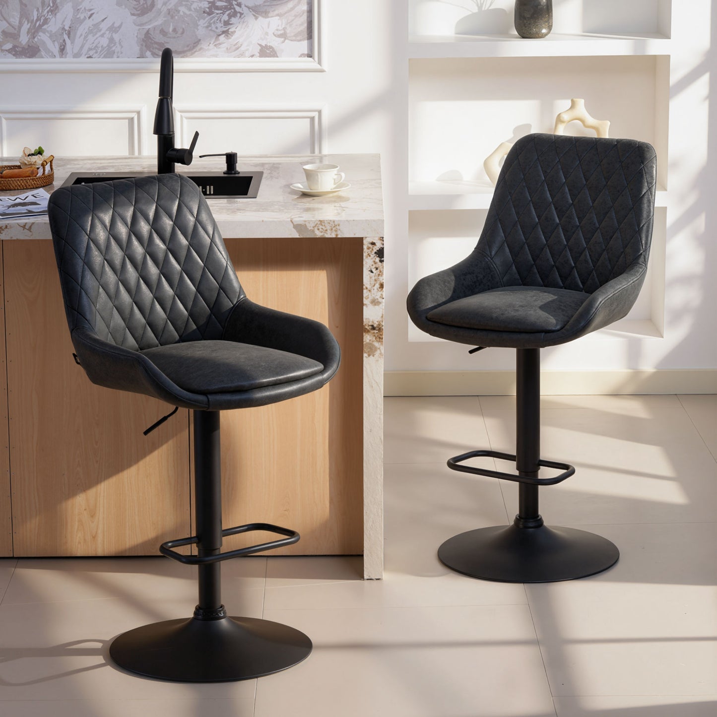 HOMCOM Set Of Two Faux Leather Retro Bar Stools Black With Padded High Back And Adjustable Height 63 To 83 Cm