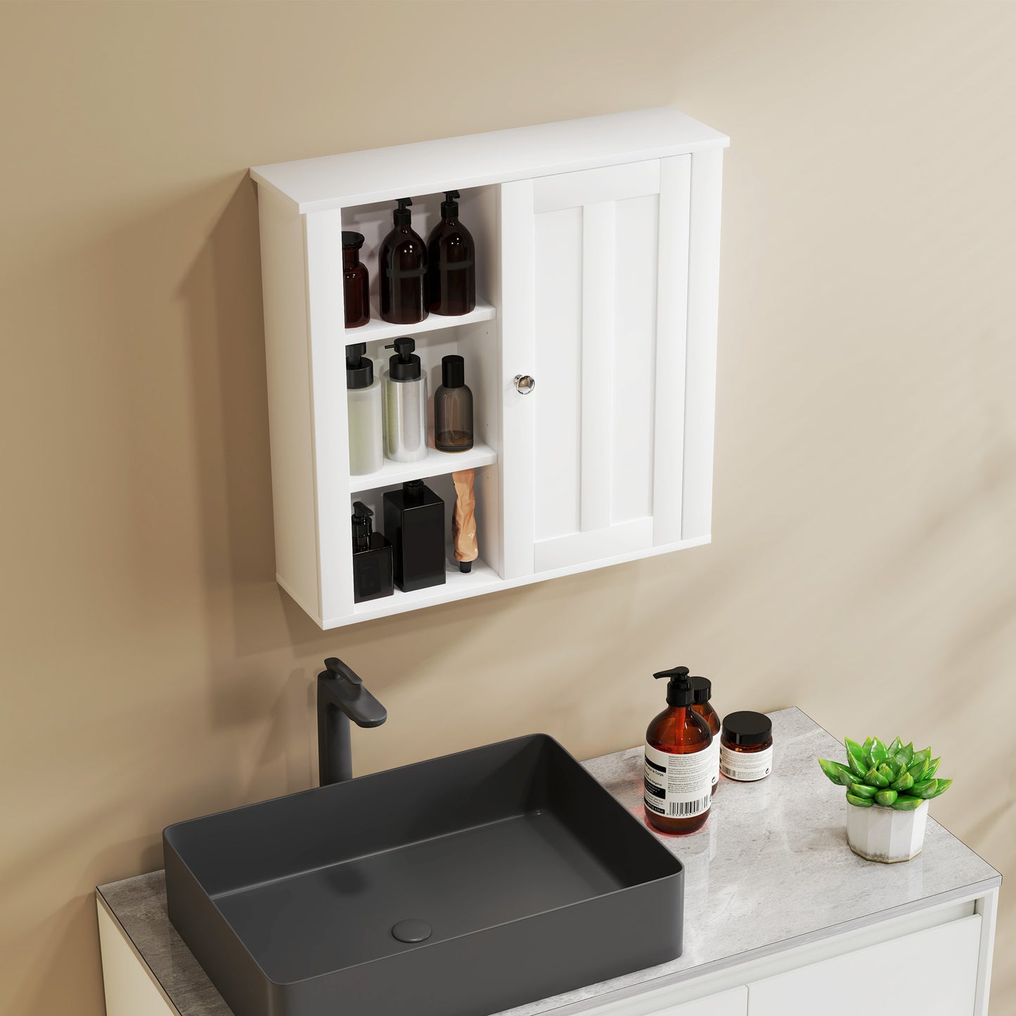 HOMCOM Wall Mounted Bathroom Storage Cabinet White With Two Shelves And Three Open Side Shelves