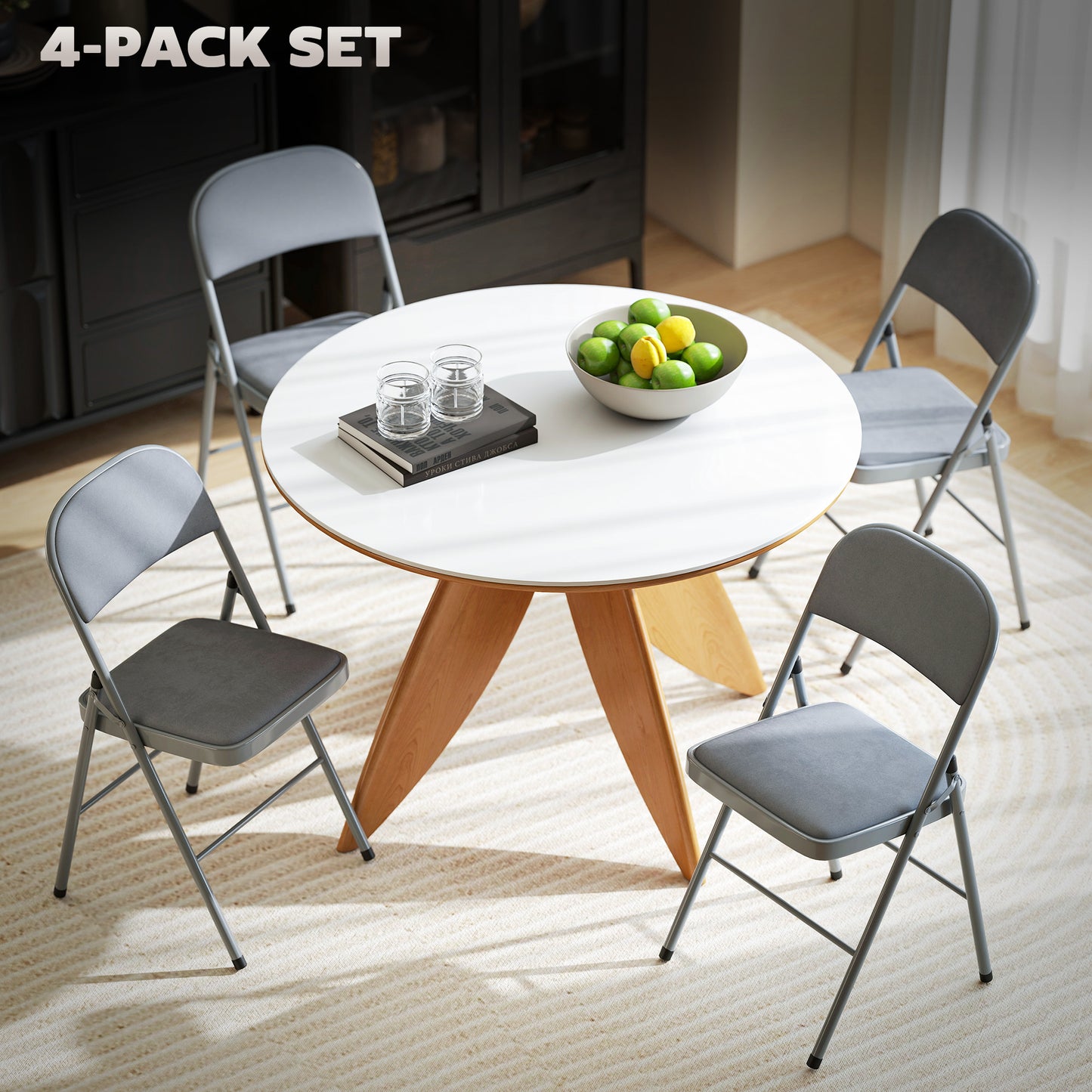 HOMCOM 4 Pack Folding Chairs With Padded Seats Velvet Portable Party Chairs With Steel Frame Light Grey