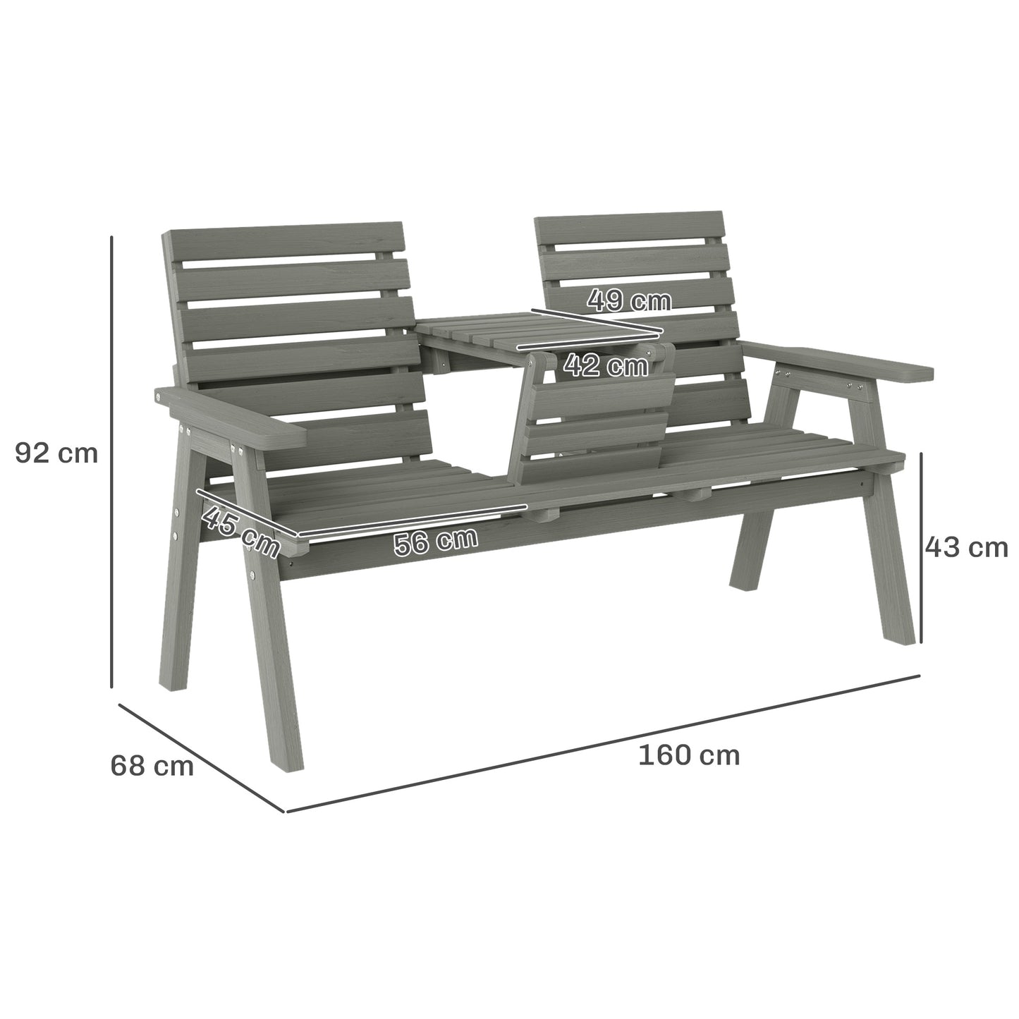 Outsunny Fir Wood Convertible Garden Bench 2 To 3 Seater With Middle Table For Outdoor Patio Grey