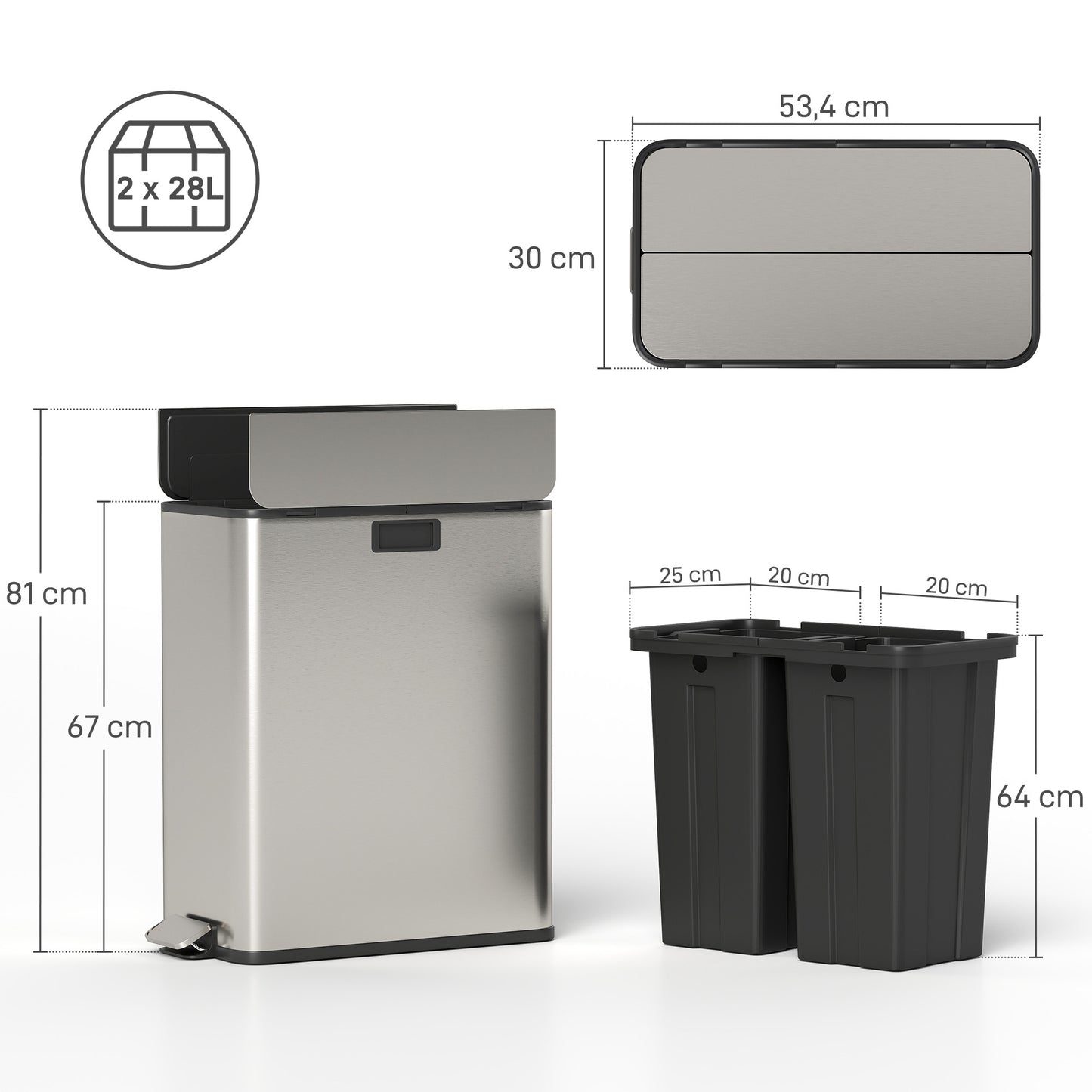 HOMCOM Dual Kitchen Bin With Soft Close Butterfly Lid 2 x 28L Stainless Steel Pedal Bins Fingerprint Proof Silver Tone