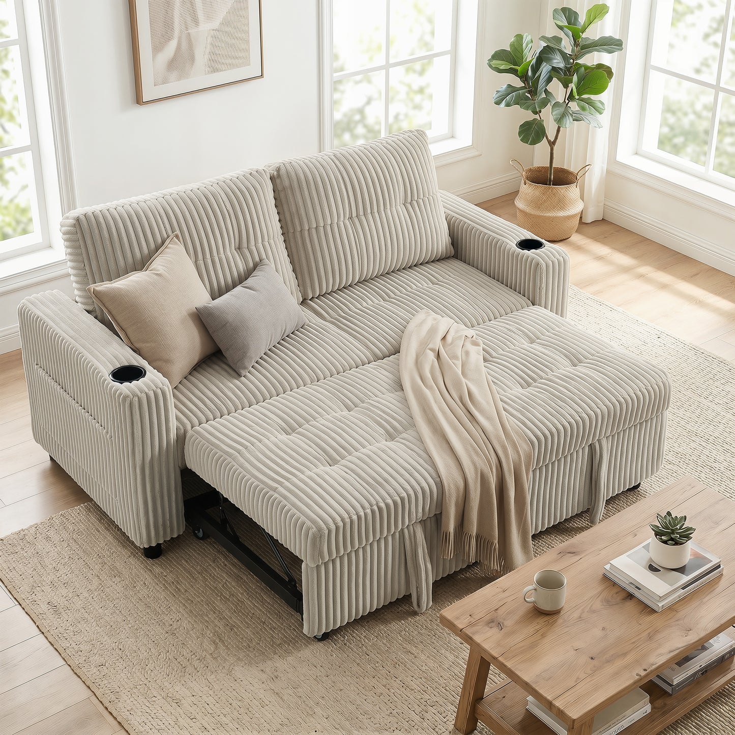HOMCOM Corduroy Click Clack Sleeper Sofa With Pull Out Design 2 Seater Sofa Bed Cream White