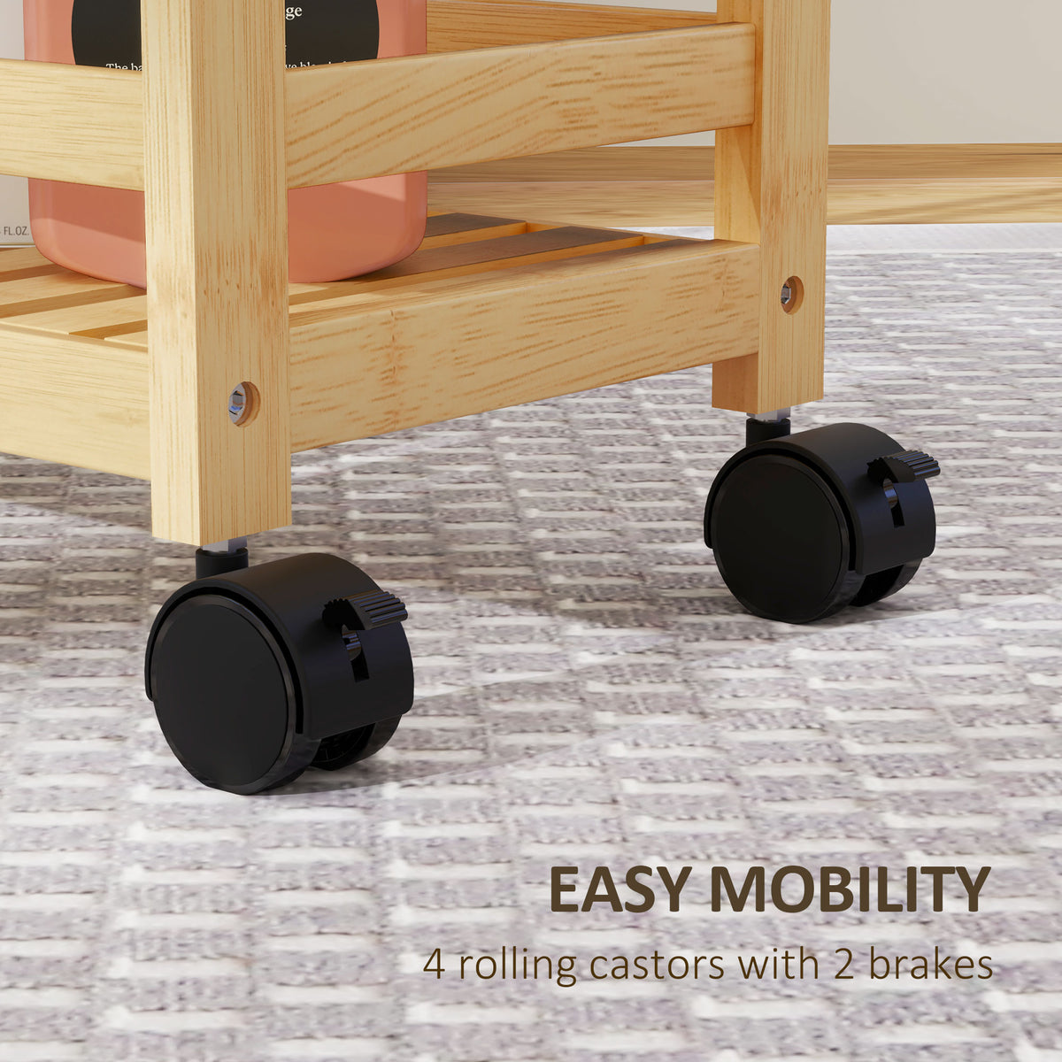 Bamboo 3-tier storage trolley with slatted shelves, rolling casters and guard rails