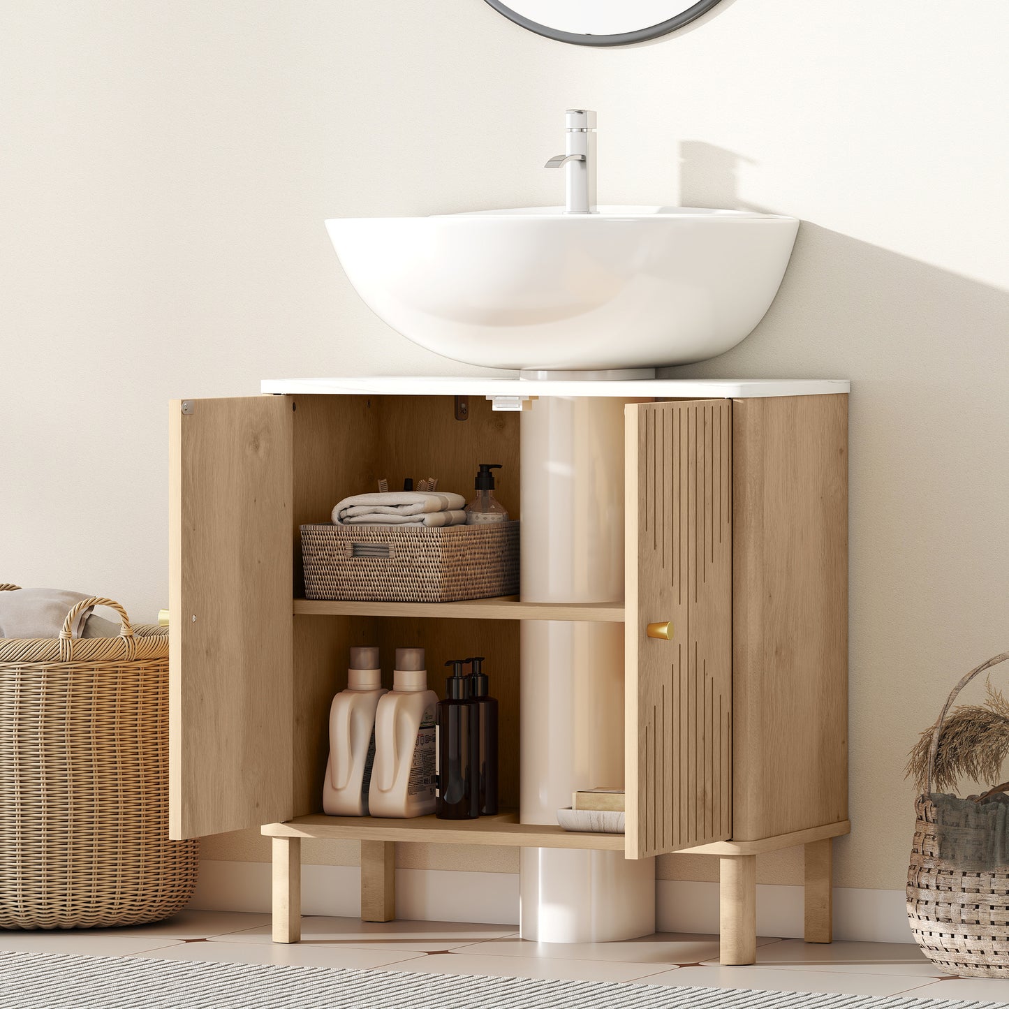 HOMCOM Under Sink Bathroom Cabinet For Basin With Or Without Pedestal In Oak Finish