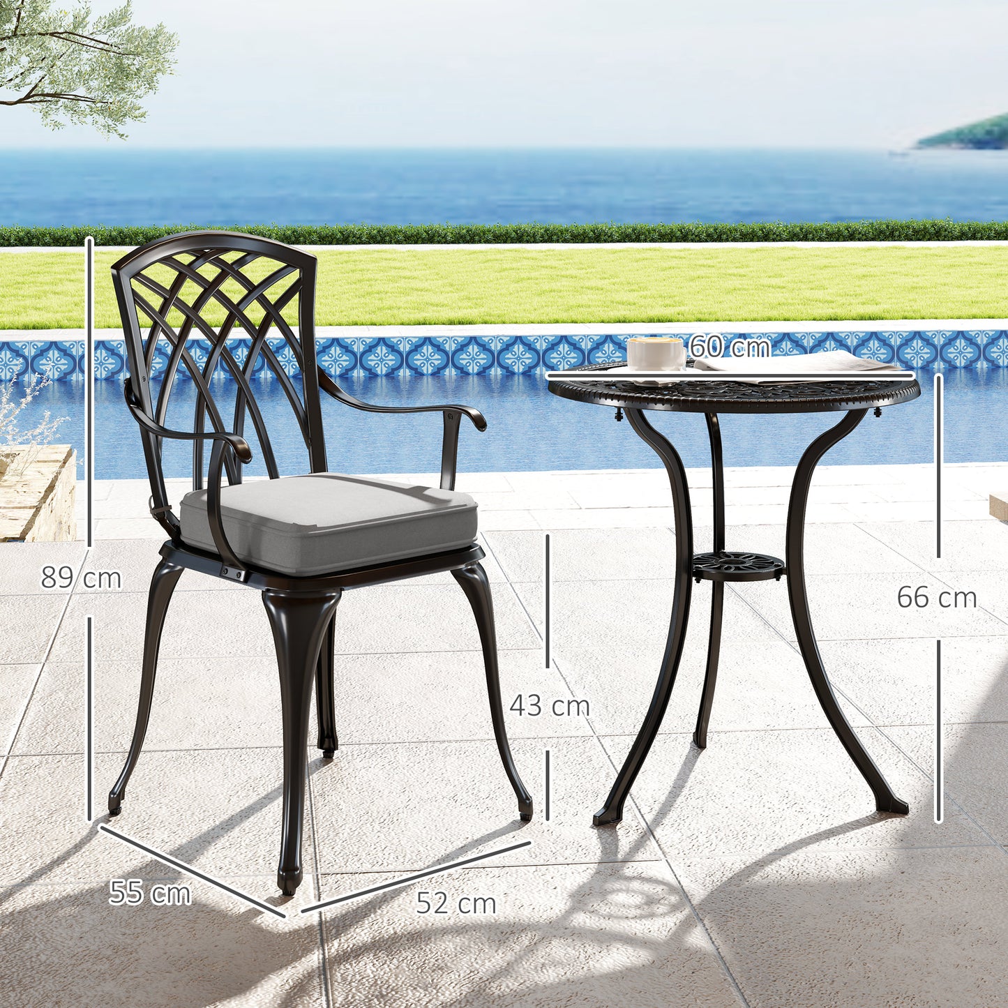 Outsunny Three Piece Cast Aluminium Bistro Set With Parasol Hole 45mm And Cushioned Seats Black