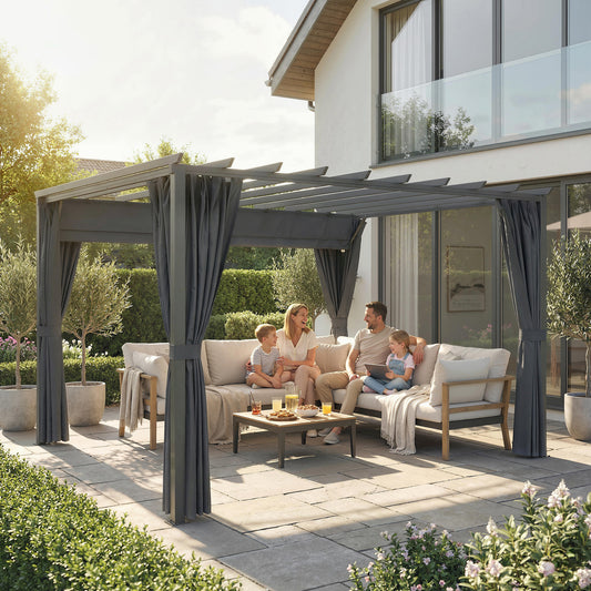 Outsunny 3.6 x 3 m Pergola With Retractable Roof Canopy Curtains Aluminium Garden Gazebo Sun Shade Shelter Dark Grey