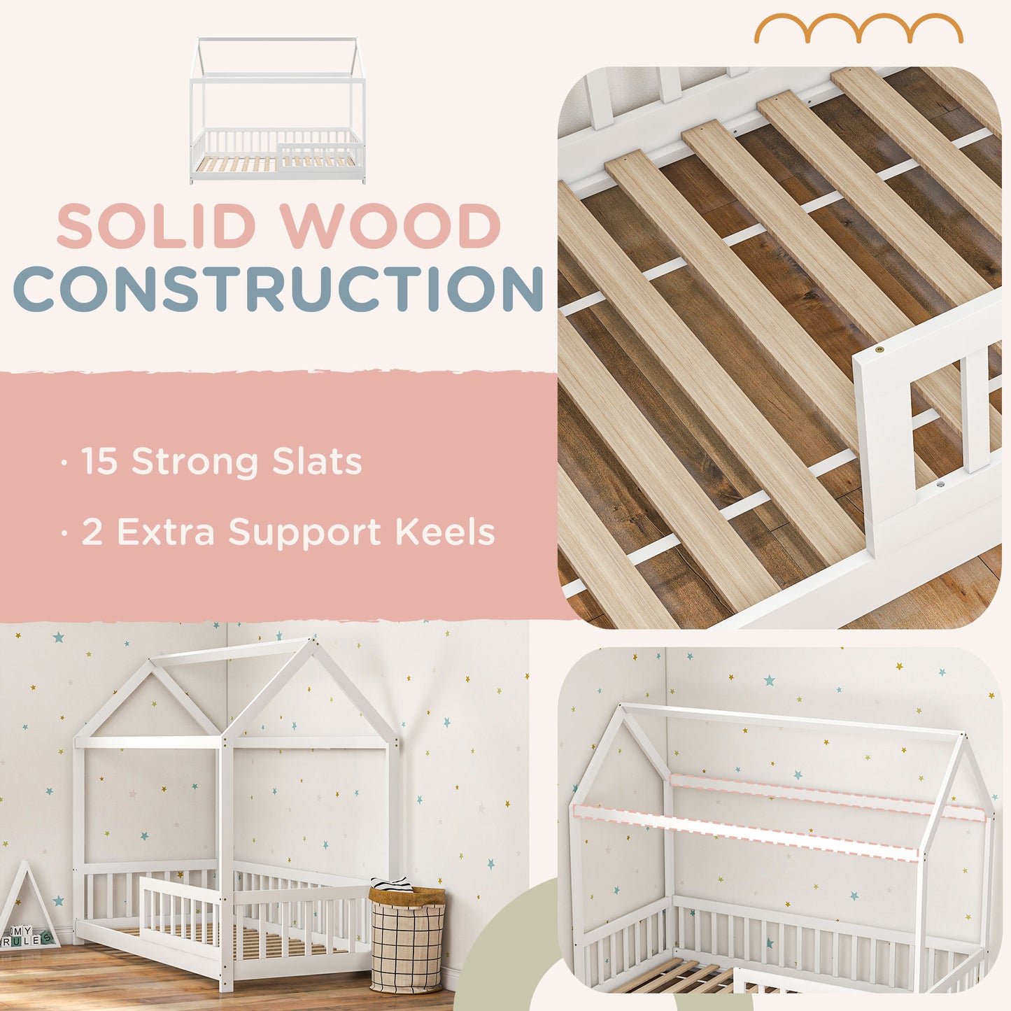 HOMCOM House Shaped Kids Bed Frame With Guard Rails In Solid Pine Wood Ideal Single Bed For Boys And Girls