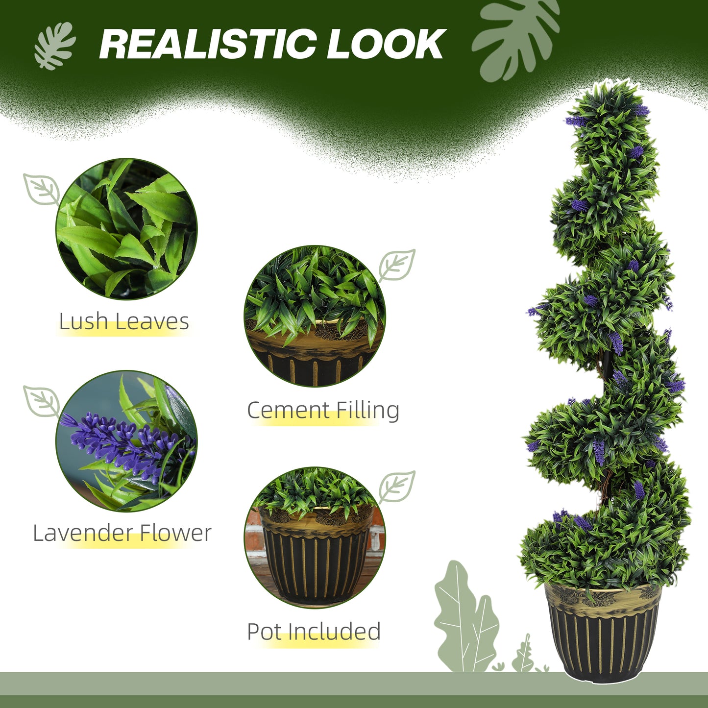 HOMCOM Set Of Two 115cm Artificial Lavender Trees In Black And Gold Pot With Cement Weighted Base