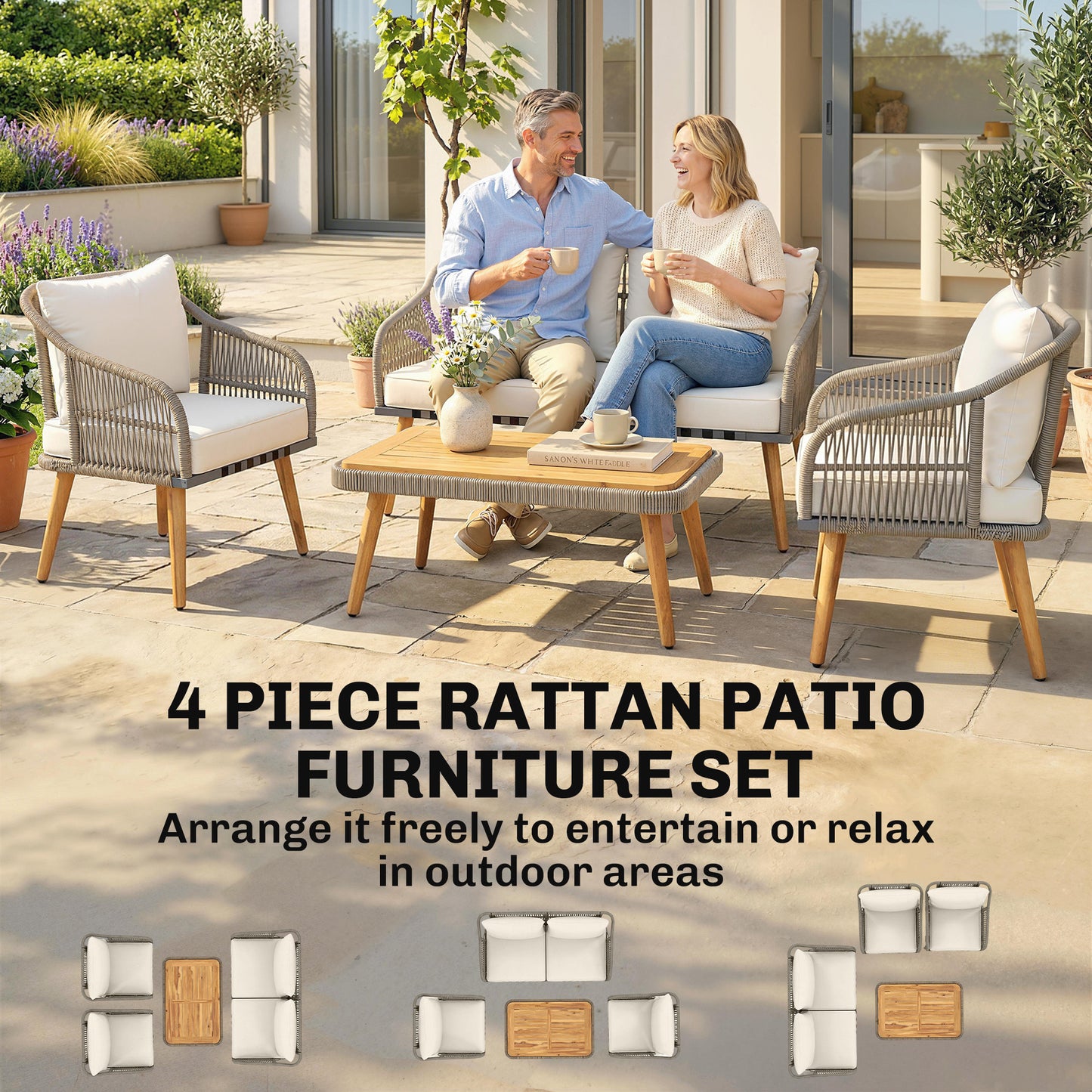 Outsunny 4 Piece Rattan Garden Furniture Set With Loveseat Armchairs And Wood Table Conversation Set Cream White