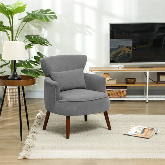 HOMCOM Corduroy Retro Wingback Accent Chair For Small Spaces Light Grey With Soft High Density Foam Padding