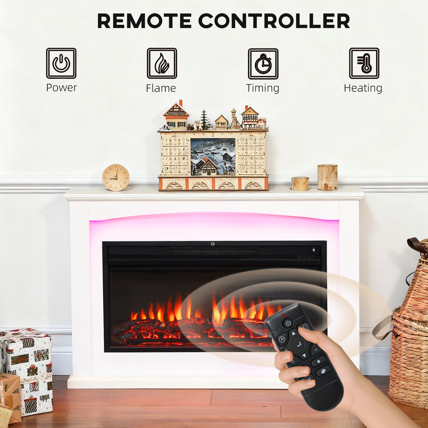 HOMCOM 2000W Faux Flame Electric Fireplace White Heats Up To 30 Sqm With Five Level Flame 5118 BTU