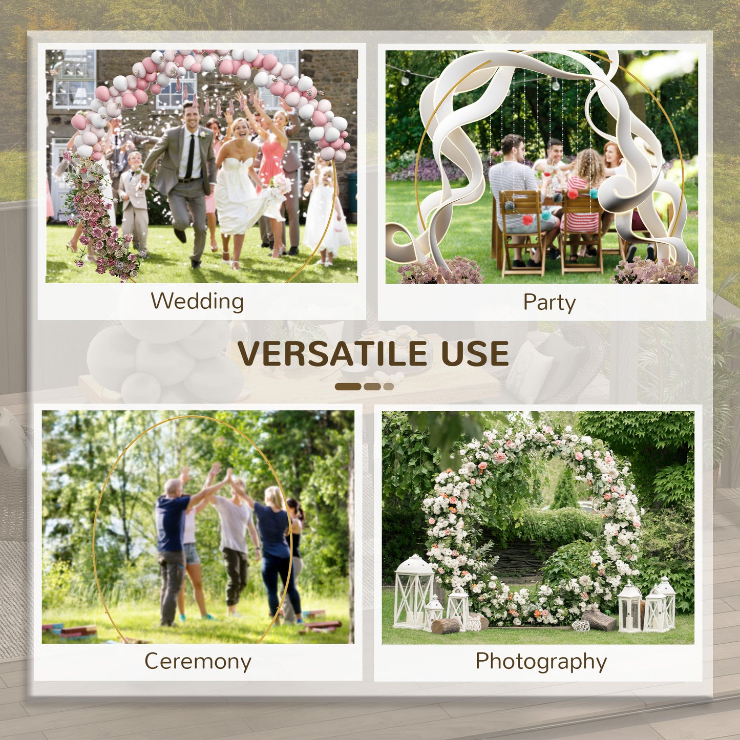 Outsunny 280cm Gold Tone Backdrop Wedding Arch Stand Round Metal for Outdoor Indoor Parties Ceremonies