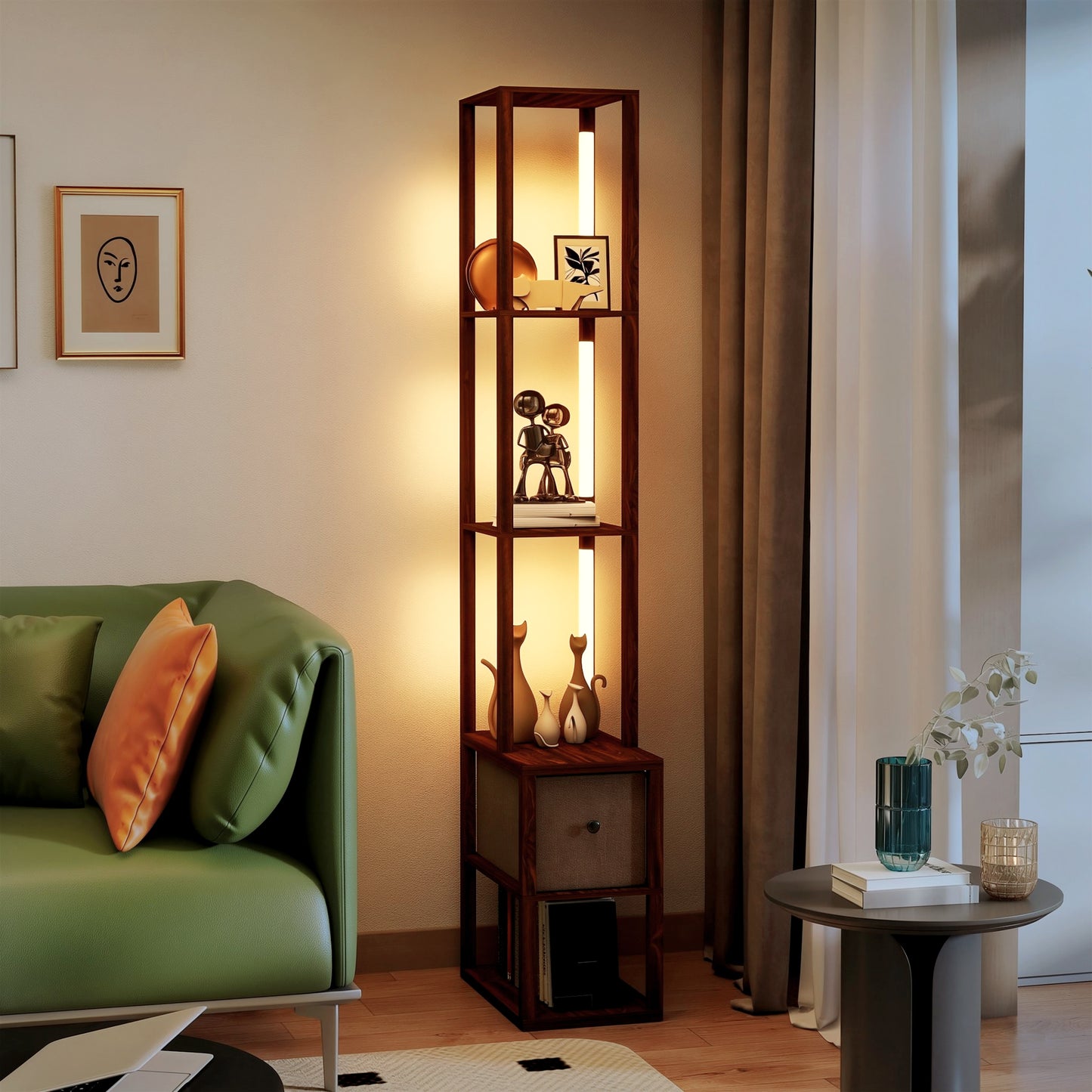 HOMCOM Floor Lamp With Shelves And Fabric Drawer LED Column Standing Lamp Adjustable Brightness Foot Switch Dark Brown