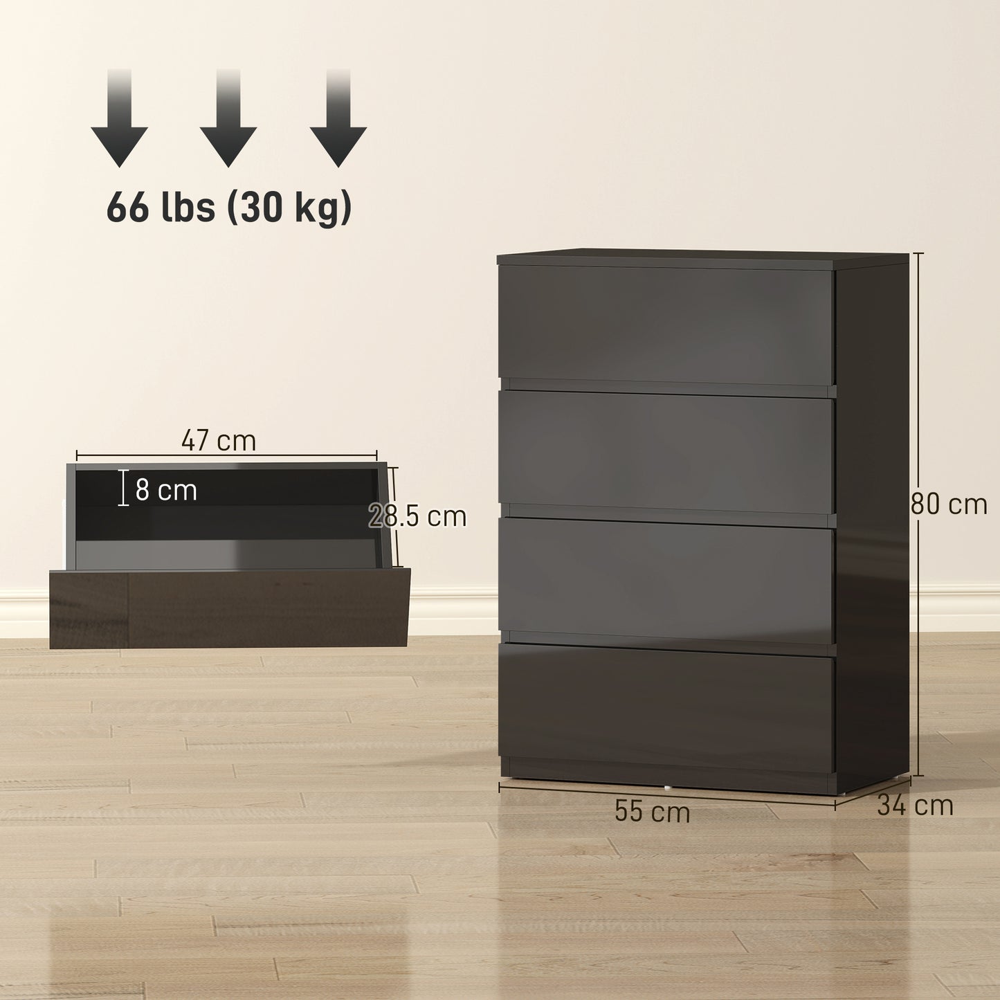 HOMCOM 4 Drawer Chest of Drawers Modern Dresser Storage Cabinet for Bedroom Organization and Clutter Control
