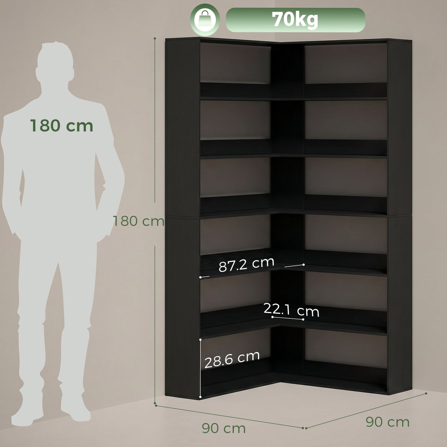 HOMCOM 7 Tier L Shaped Corner Bookshelf with Anti Slip Rear Guard Black Wood Effect 180 Cm Tall