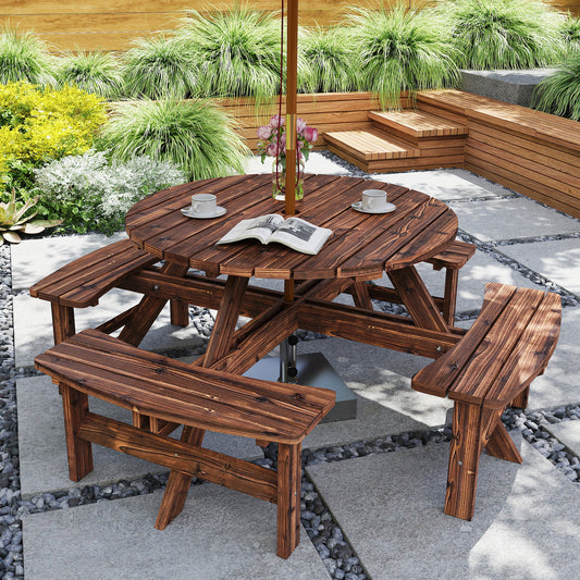 Outsunny Wooden Garden Dining Set 8 Seater Patio Furniture Round Picnic Table With Parasol Hole Tan