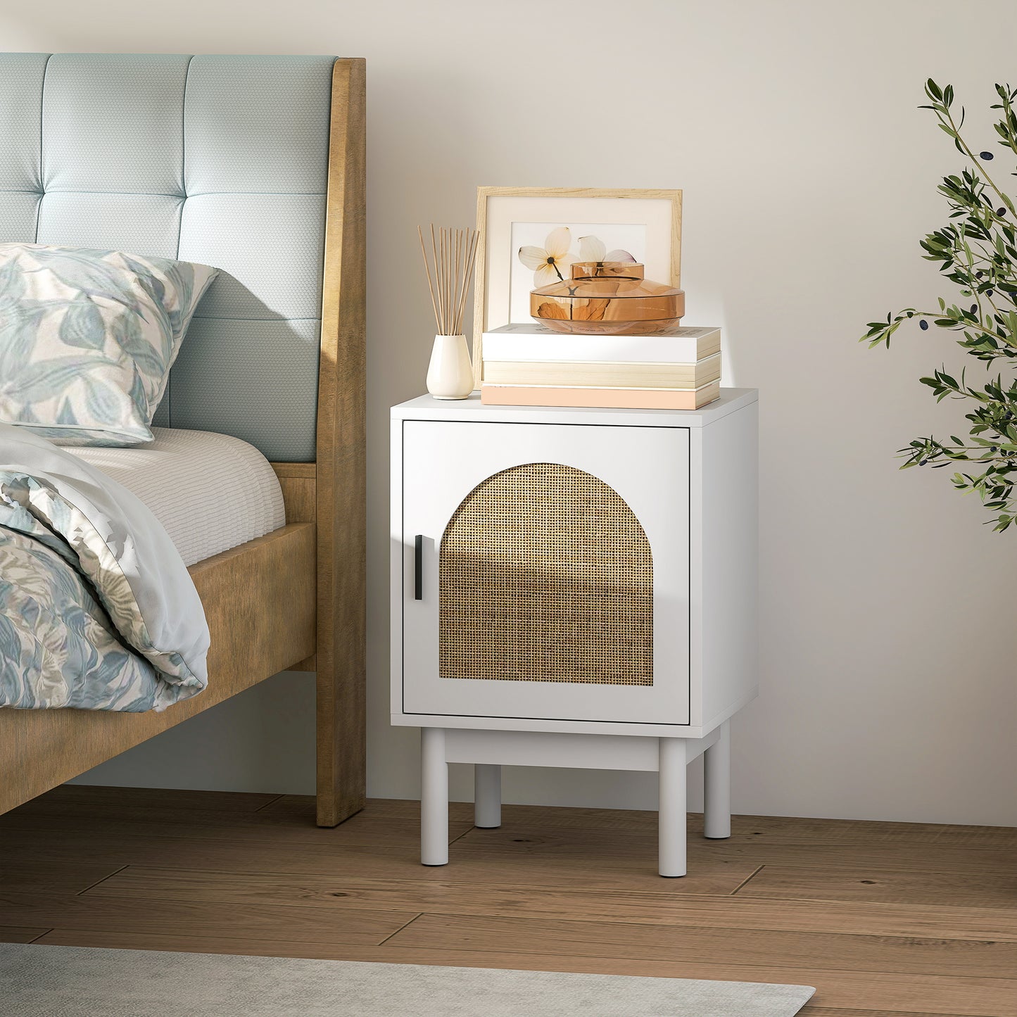 HOMCOM Rattan Bedside Table White Two Tier With Adjustable Shelves Arch Door Non Slip Wood Legs